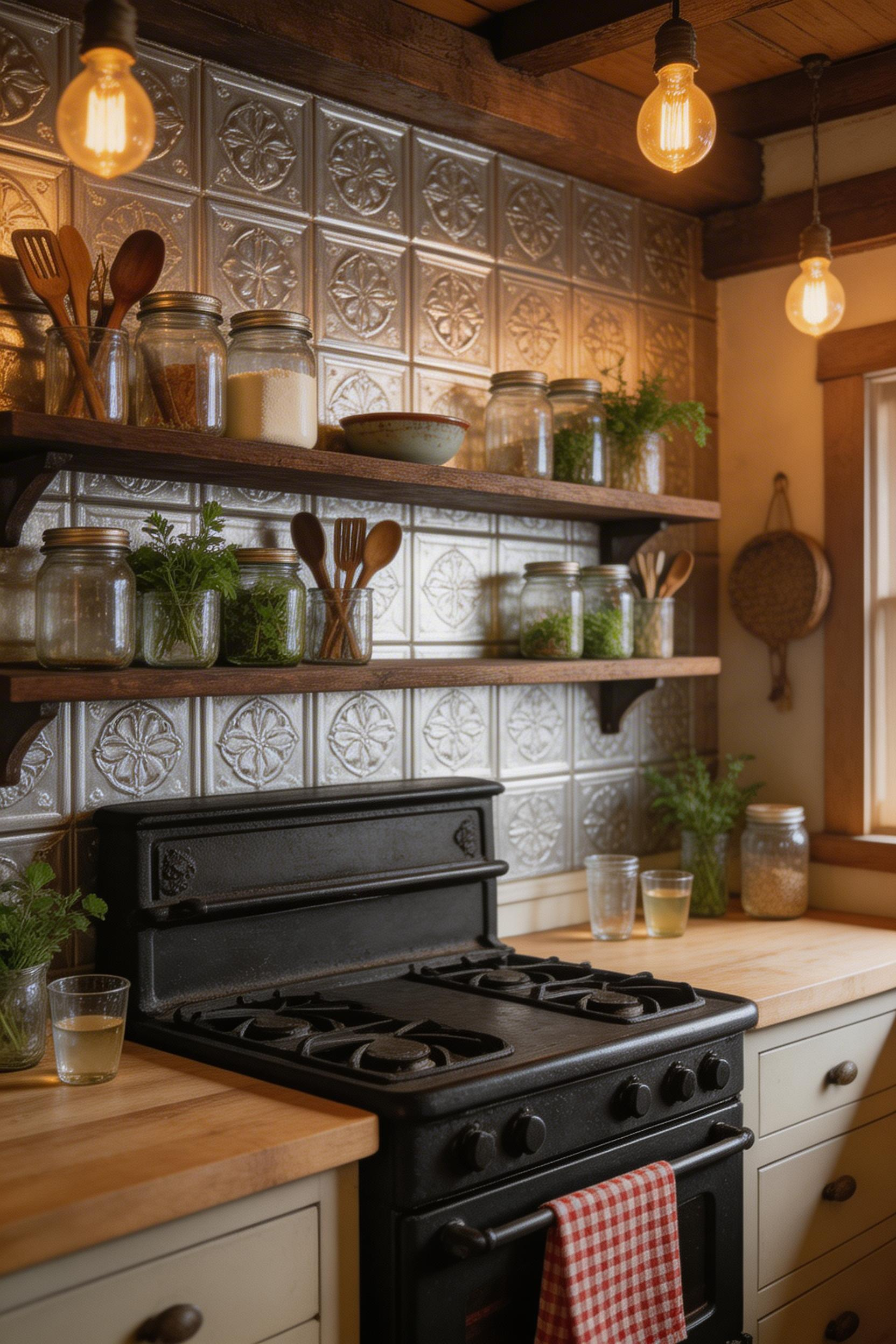 Pressed tin backsplash tiles bring industrial American farmhouse character to the kitchen — especially effective when sourced from architectural salvage with real patina.