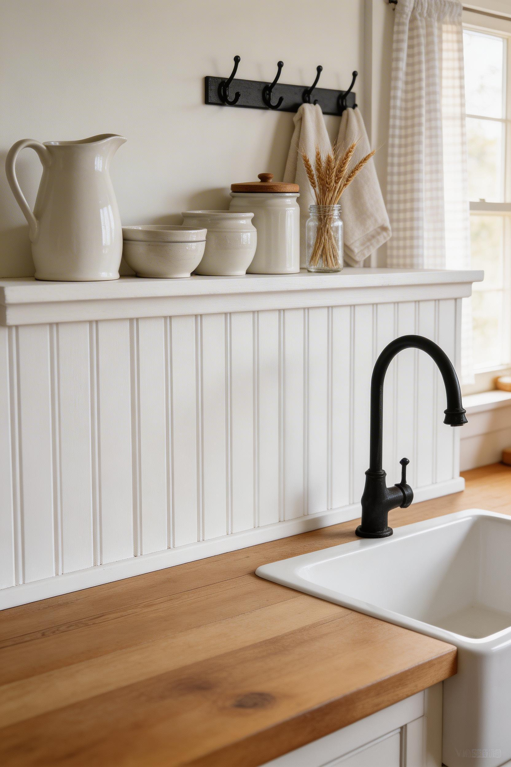Board-and-batten at half-wall height creates a backsplash that references American colonial farmhouse construction — the shelf cap adds practical bonus storage.