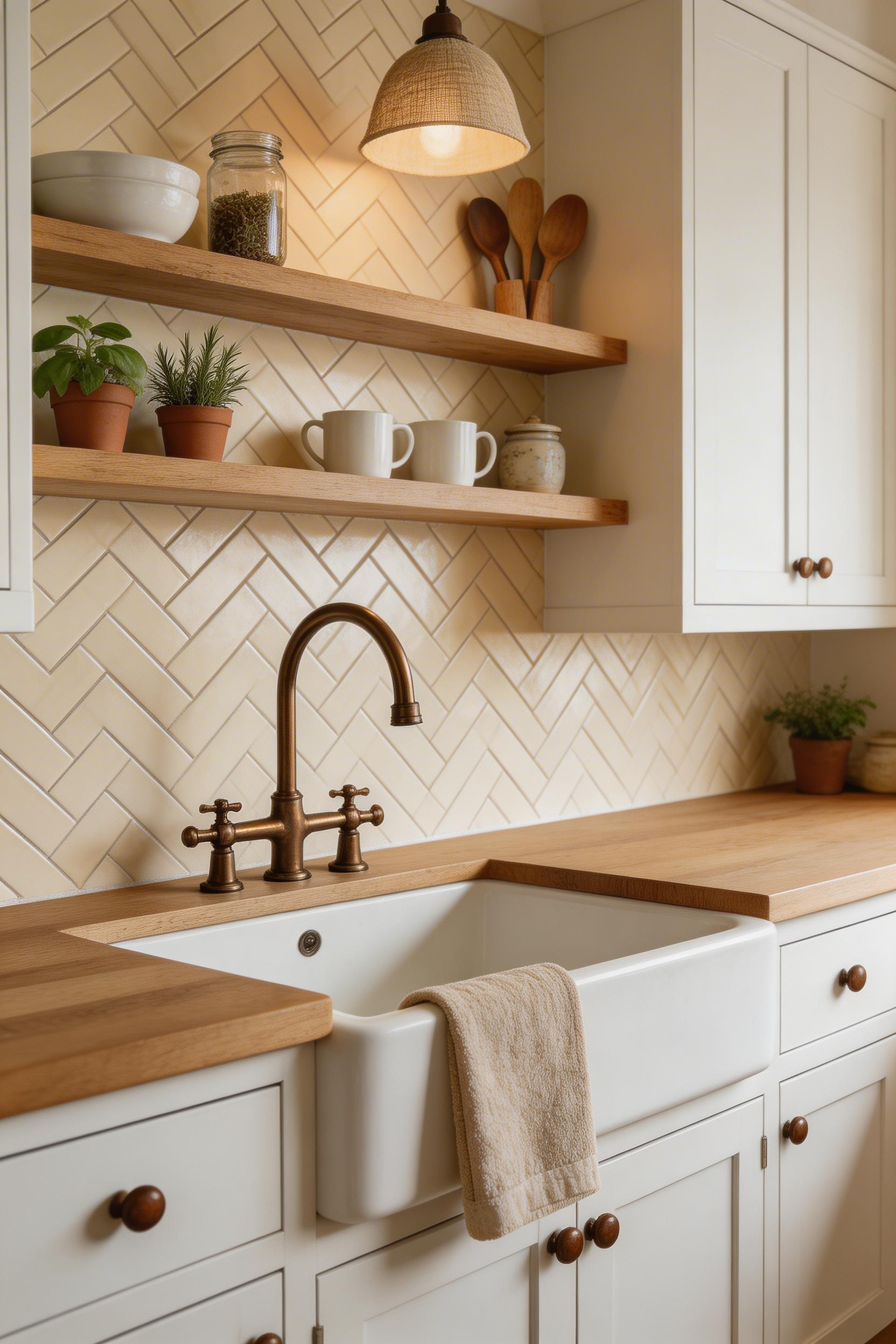 Herringbone in warm cream or greige subway tile is the farmhouse backsplash pattern that reads as deliberate and refined — the visual step up from a standard brick-set layout.