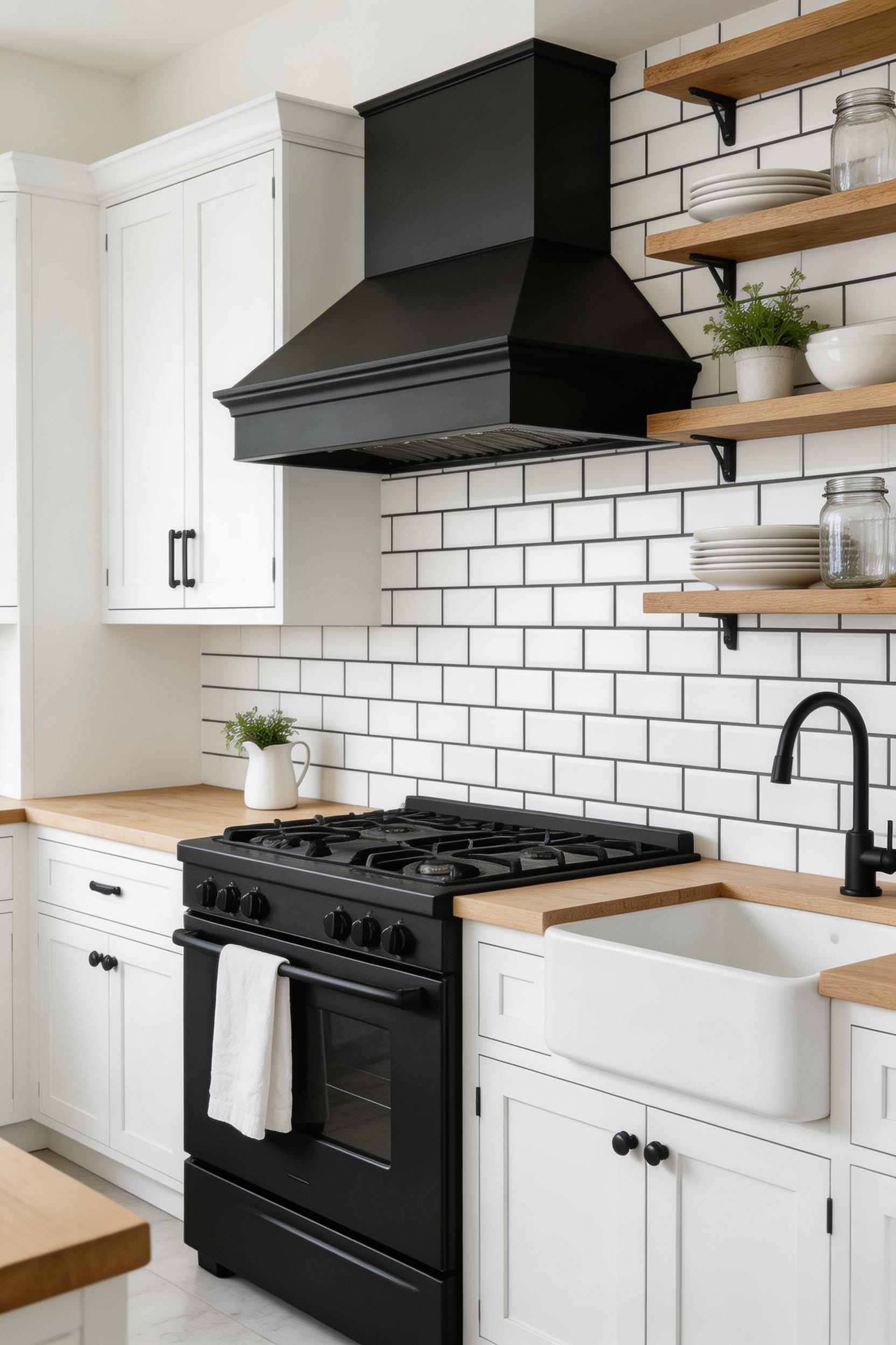 Black grout on white subway tile creates a graphic farmhouse kitchen backsplash that references historical butcher tile — confident and completely intentional.