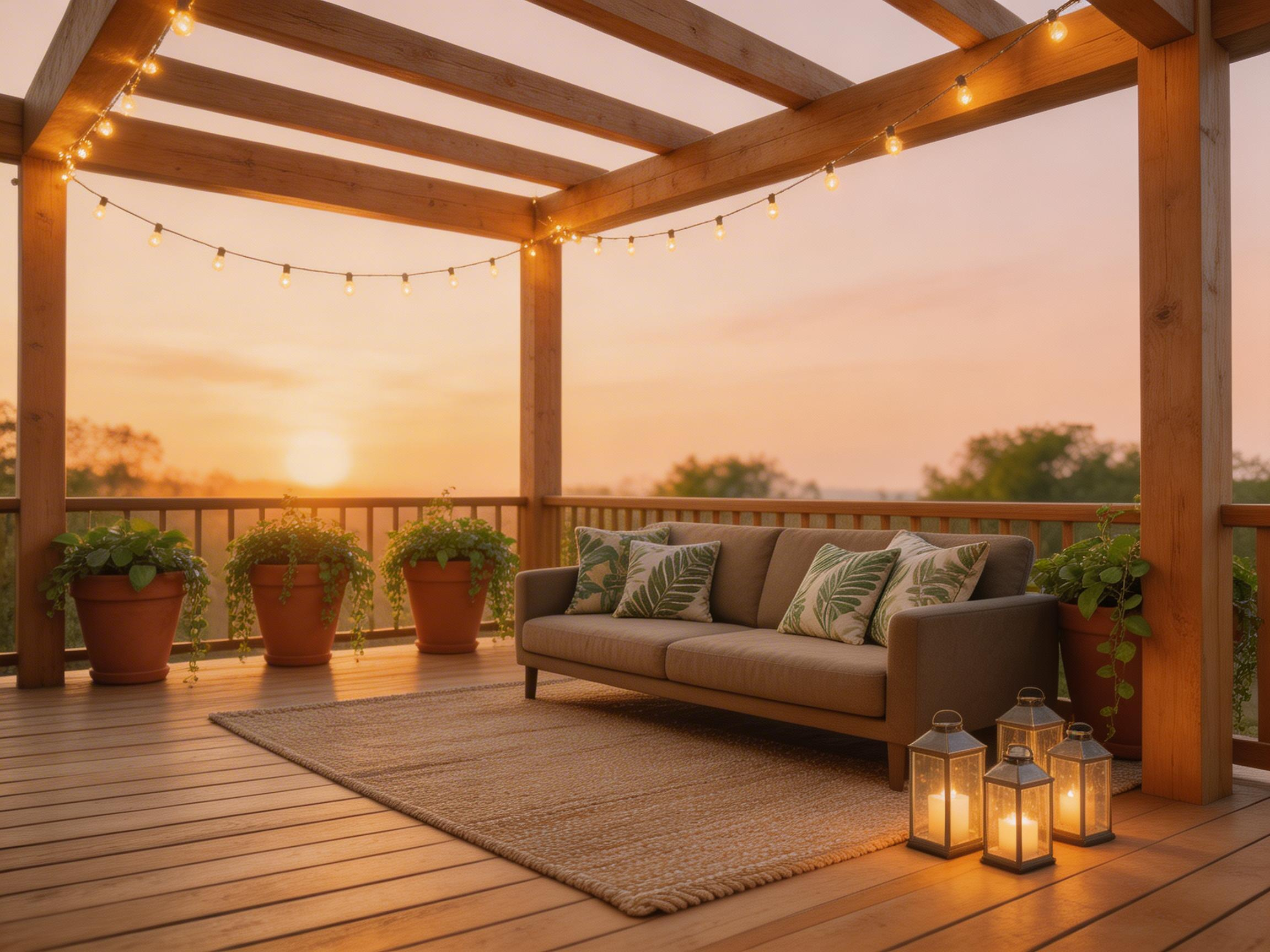 A layered deck scheme at golden hour showing string lights, an outdoor rug, container plants, and styled seating — every element of a complete decking decor scheme working together.