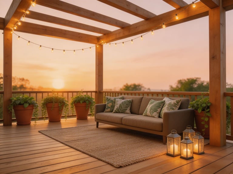 A layered deck scheme at golden hour showing string lights, an outdoor rug, container plants, and styled seating — every element of a complete decking decor scheme working together.