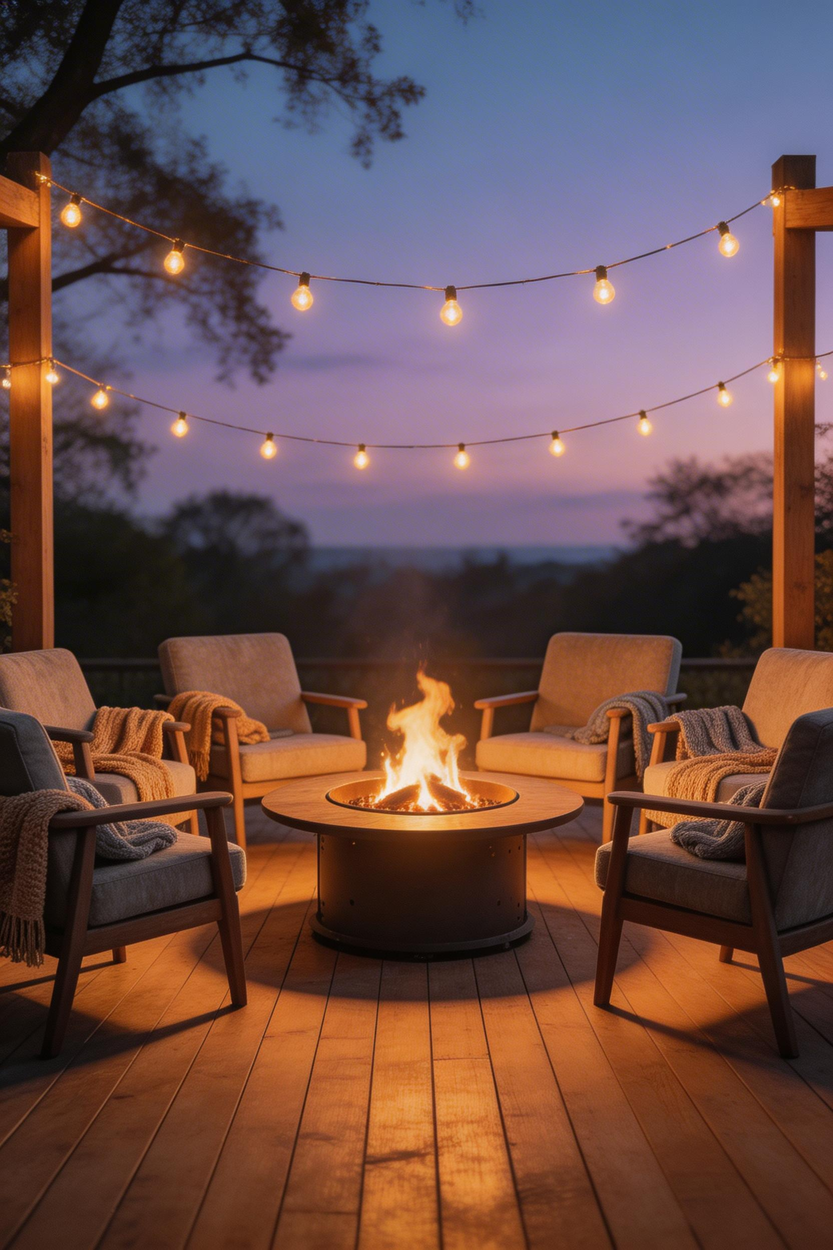 A fire pit table is the social centrepiece of a well-designed deck — it extends the outdoor season and gives the seating arrangement a natural focus point.