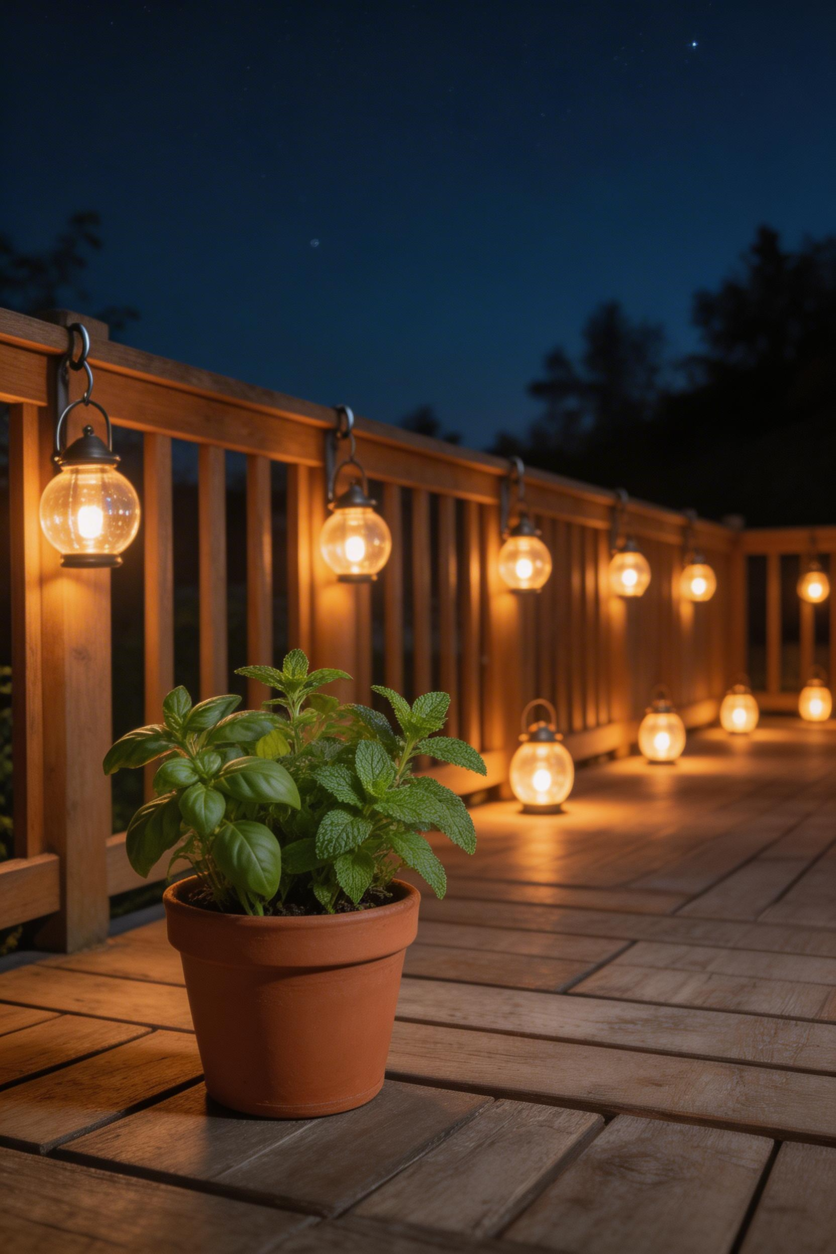 Solar lanterns grouped at varied heights create layered ambient light without any wiring — one of the most flexible decking decor tools for evening atmosphere.