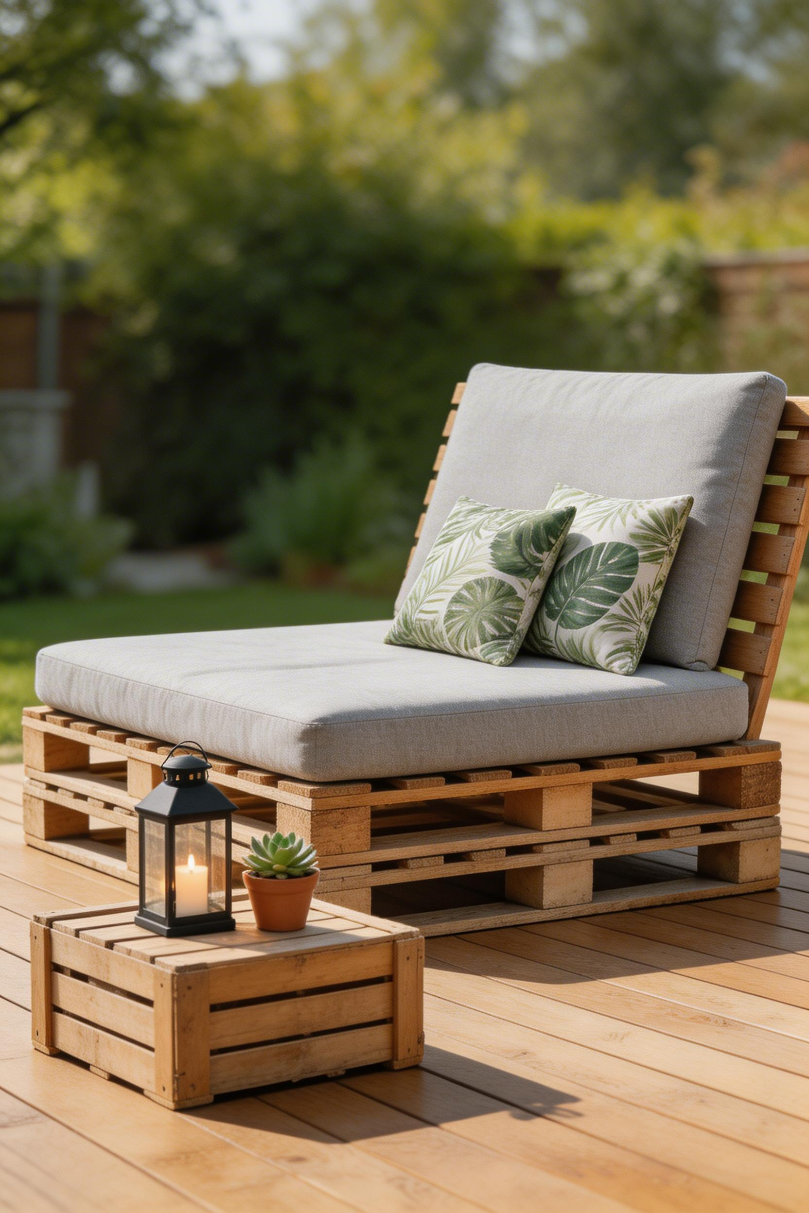Pallet furniture and wooden crates deliver genuine decking decor impact at minimal cost when the wood is properly treated and finished with quality textiles.