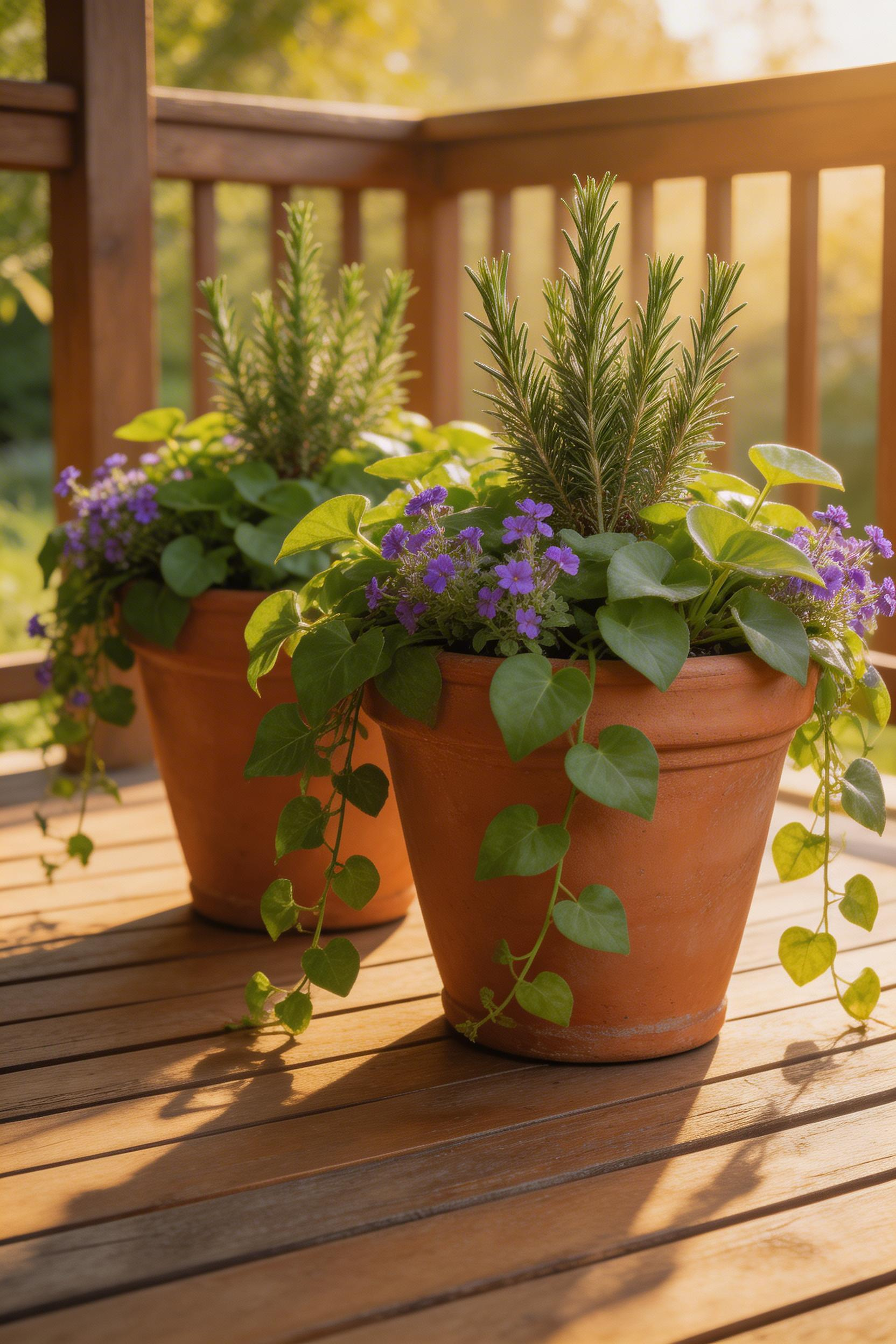 Container gardens using the thriller-filler-spiller combination bring layered colour and movement to decking decor — terracotta pots with trailing vines work in corners, along railings, and flanking seating areas.