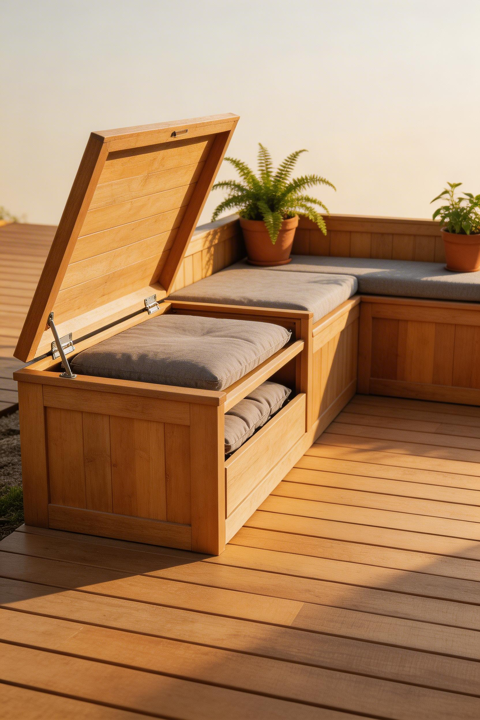 Built-in benches with hinged storage lids are a dual-purpose decking decor investment — permanent-looking seating and organised outdoor storage in one structure.