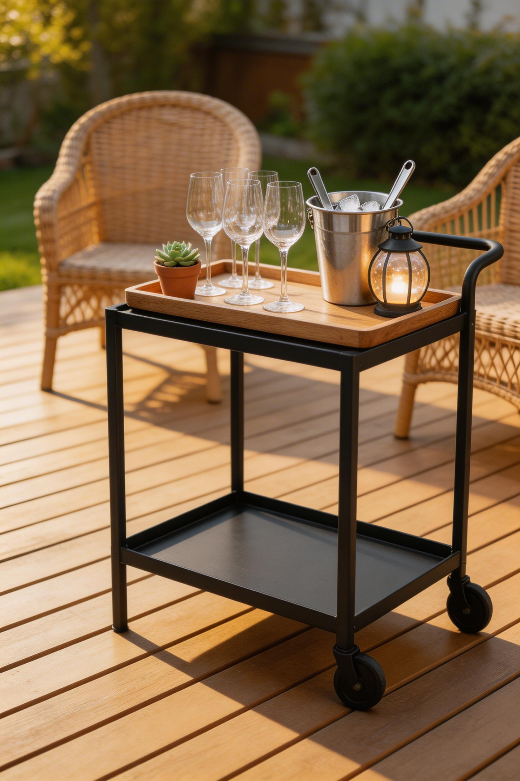 An outdoor bar cart creates a dedicated entertaining zone in decking decor, keeps the dining table clear during gatherings, and adds a styled focal point to the space.