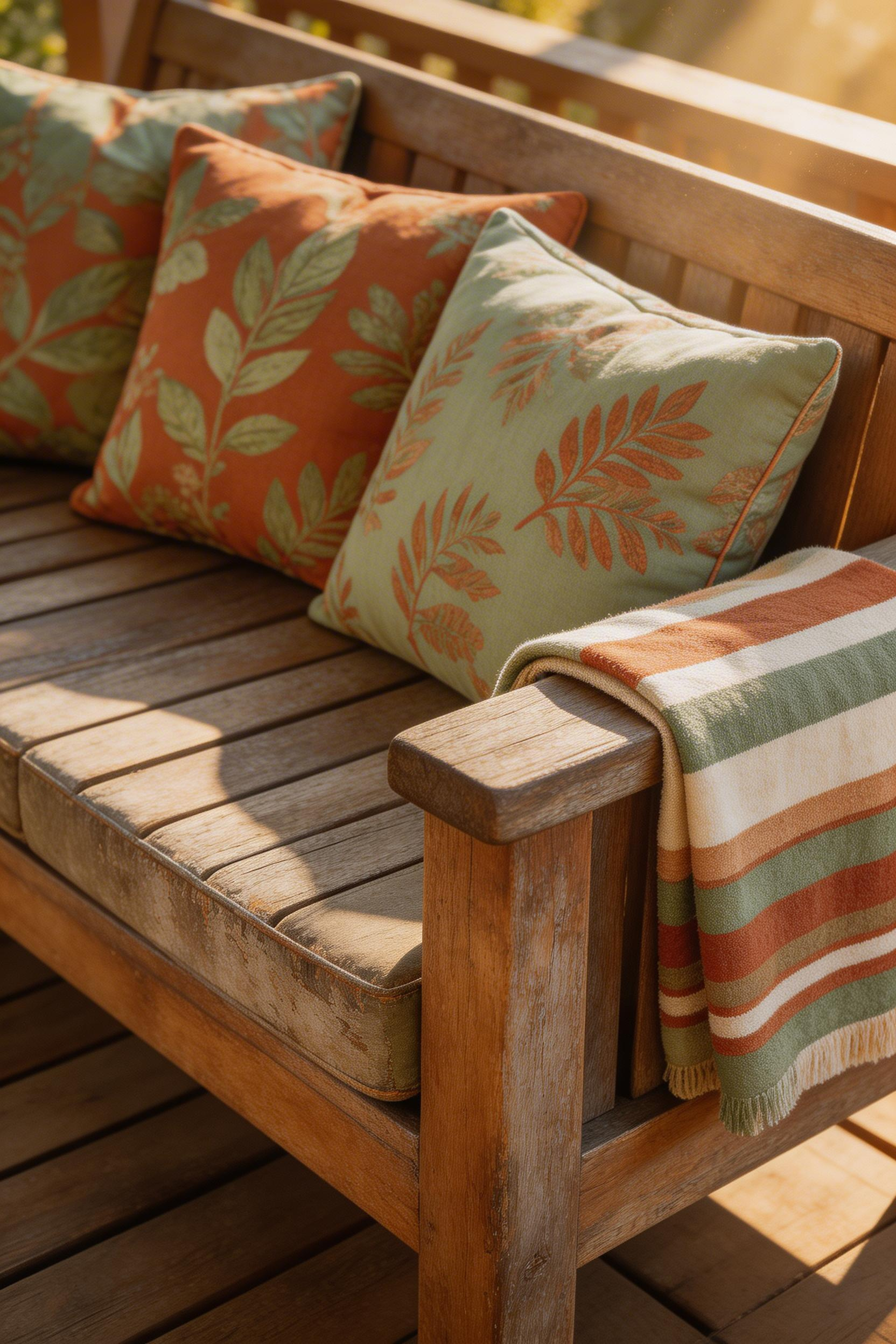 All-weather throw pillows in layered prints and textures are one of the most versatile decking decor tools — buy covers separately from inserts and swap them seasonally.