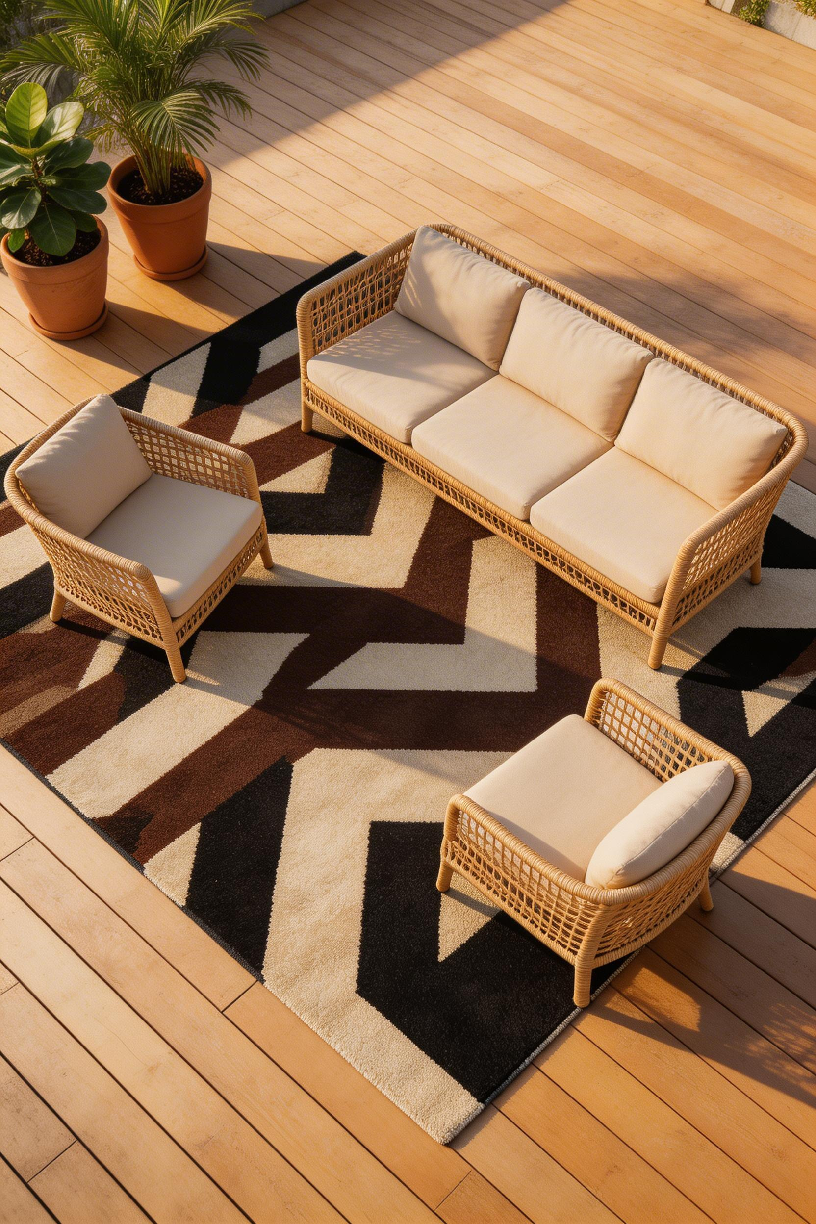 An outdoor rug defines the seating zone on a deck the way no amount of furniture arrangement can — it's the foundation layer of any well-planned decking decor scheme.