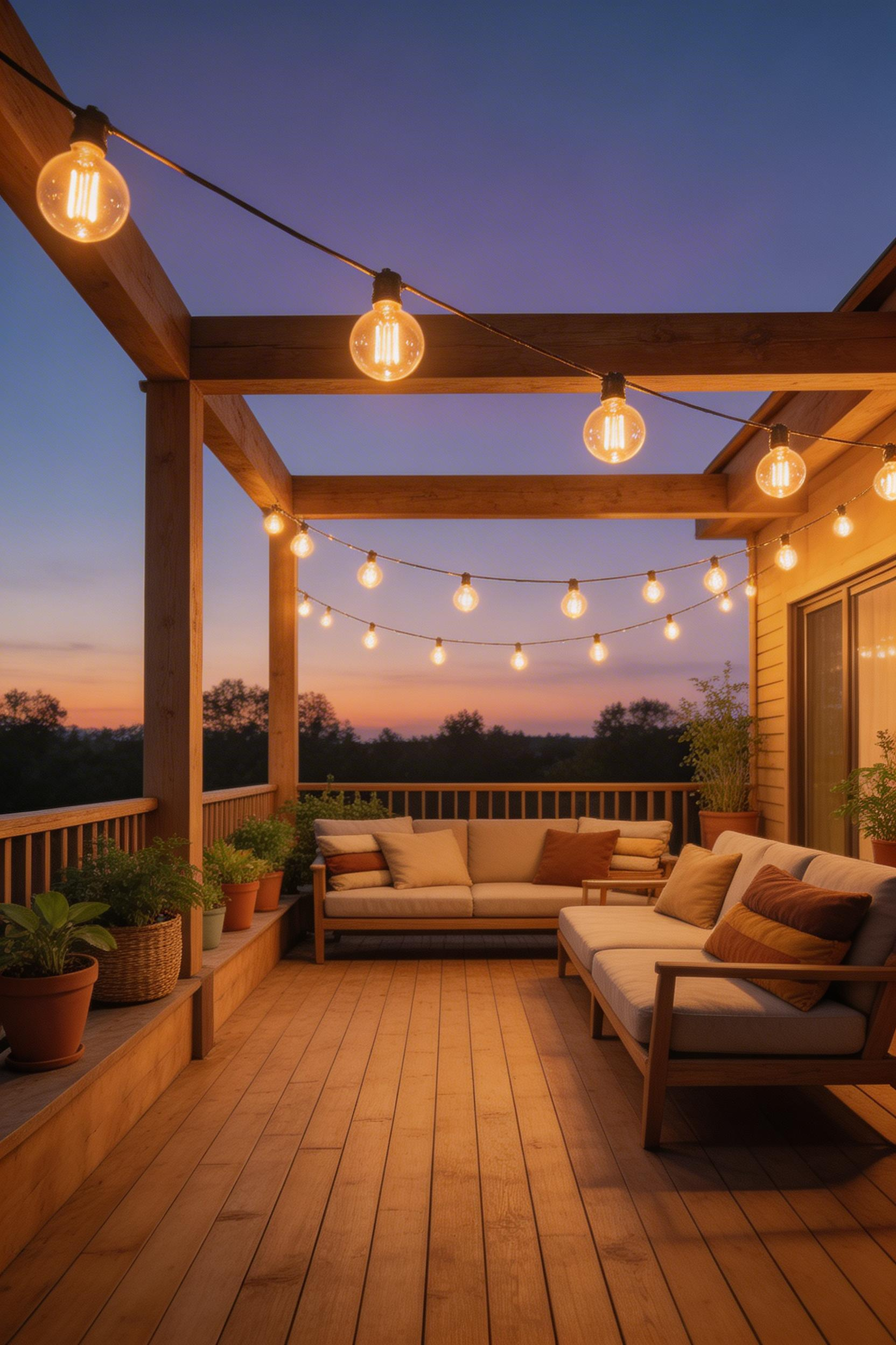 String lights draped across deck beams create an instant sense of enclosure and warmth as evening falls — the single highest-impact decking decor upgrade for the cost.