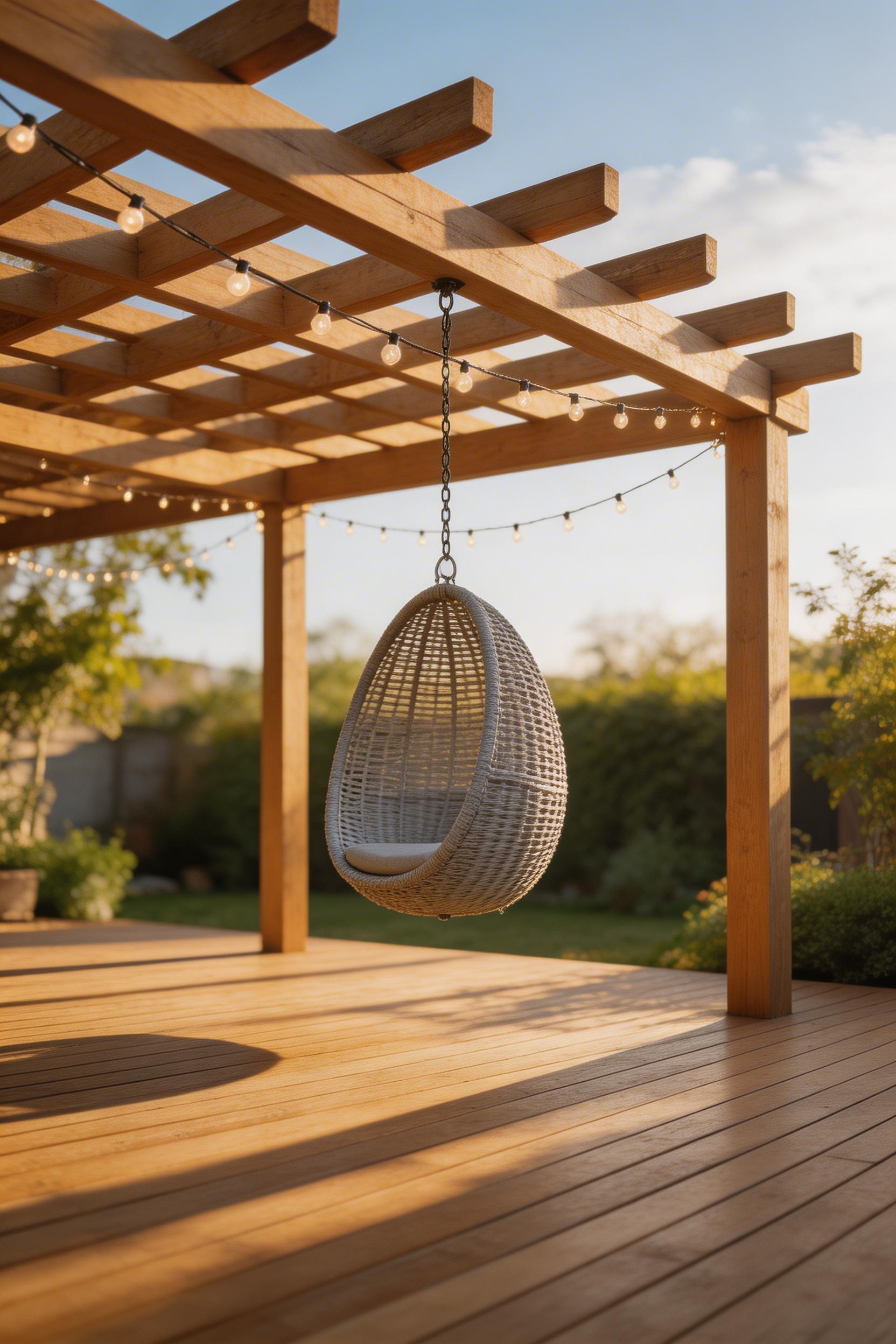 A hammock or hanging chair shifts decking decor from functional to genuinely leisurely — a space where full relaxation is clearly intended.