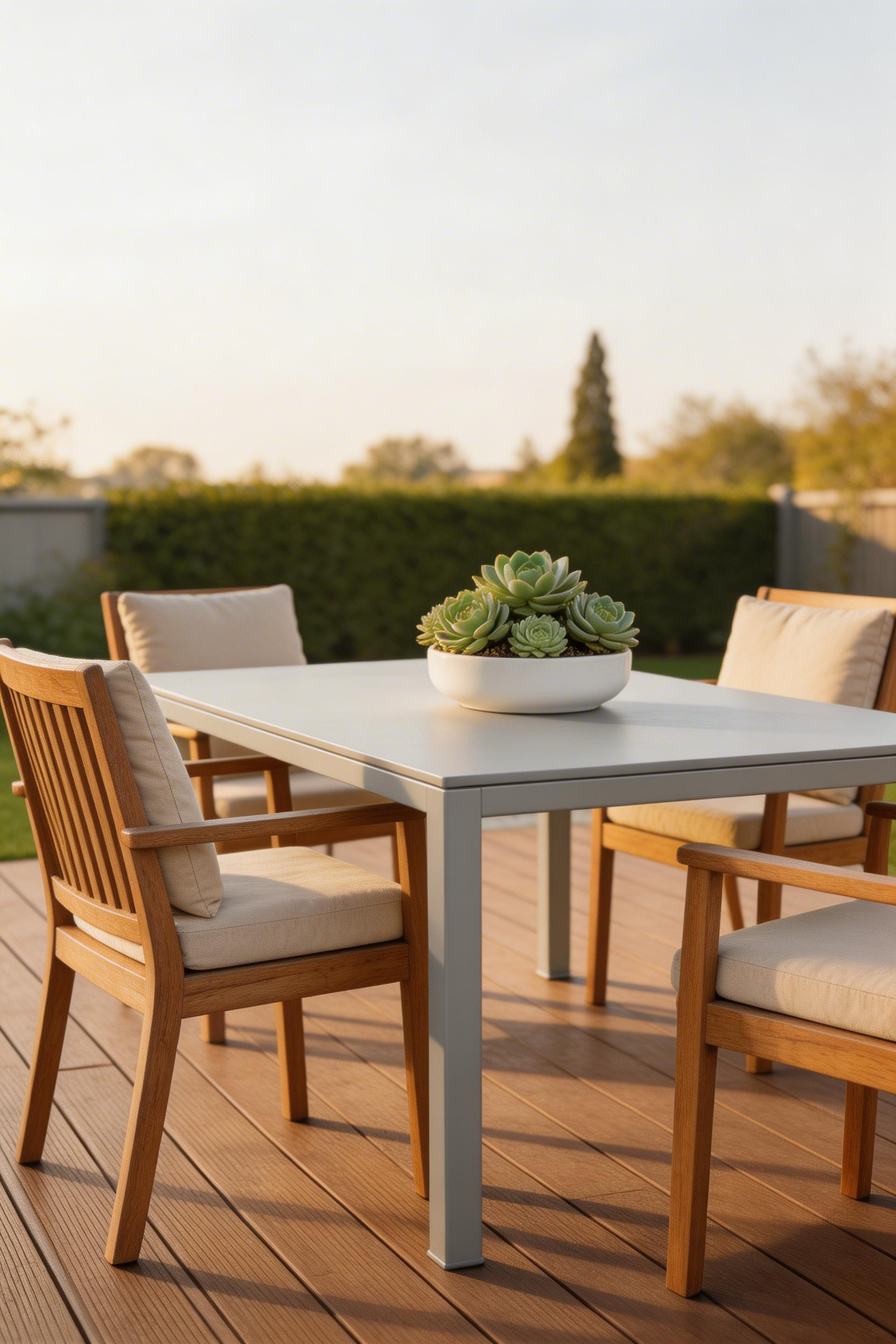 Weather-resistant furniture in powder-coated aluminium or teak forms the structural foundation of any decking decor scheme — material choice determines how it performs and ages.