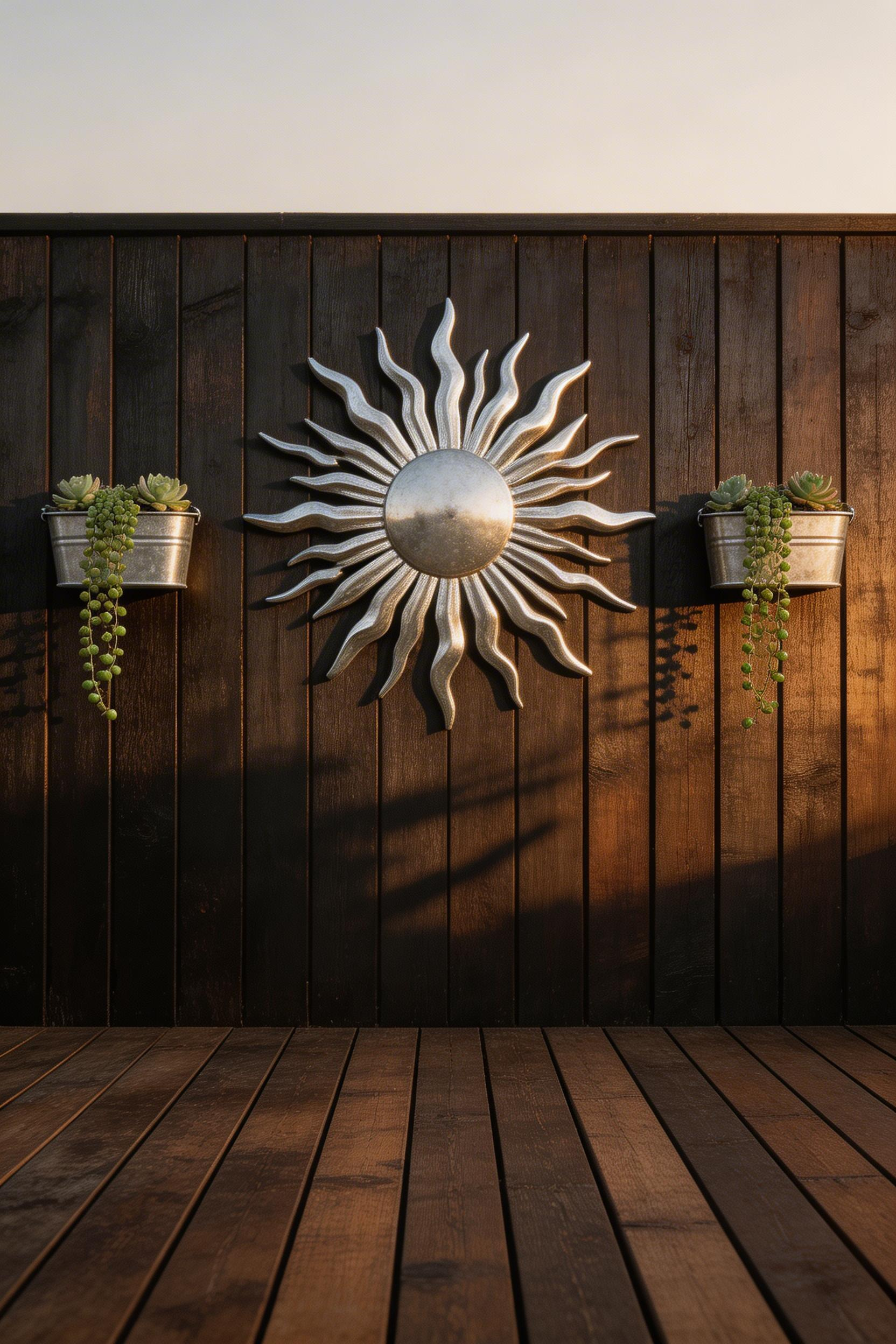 Outdoor wall art and fence hangings bring decking decor up to eye level — vertical surfaces deserve as much attention as floor space and furniture.