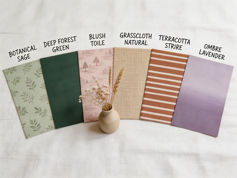 A curated selection of bedroom wallpaper ideas shown as design swatches alongside natural accessories, giving a tangible sense of each pattern's color and scale before committing to a full wall.