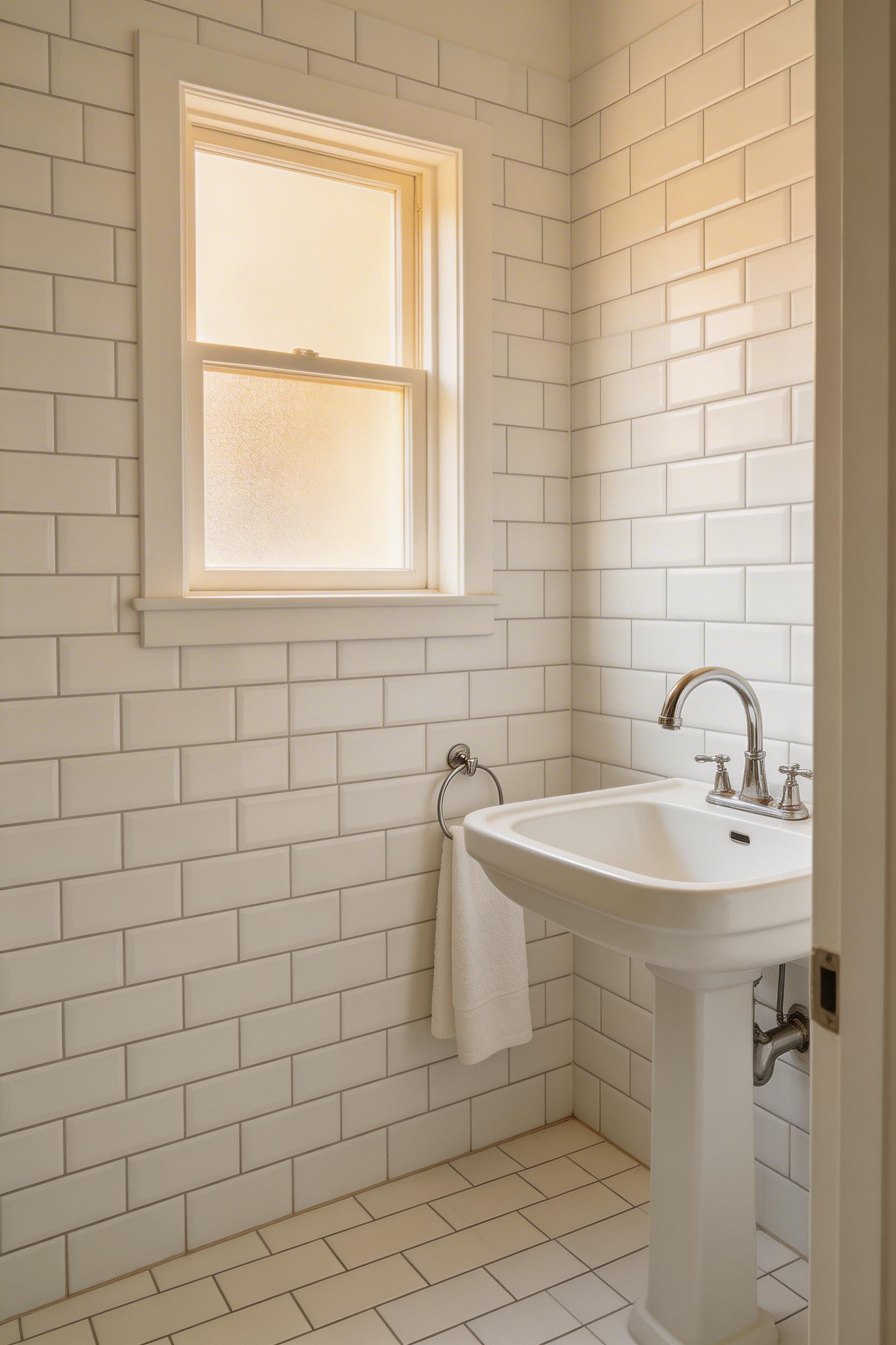 Floor-to-ceiling subway tile draws the eye upward, making the walls appear taller and the room feel more open than it actually is.