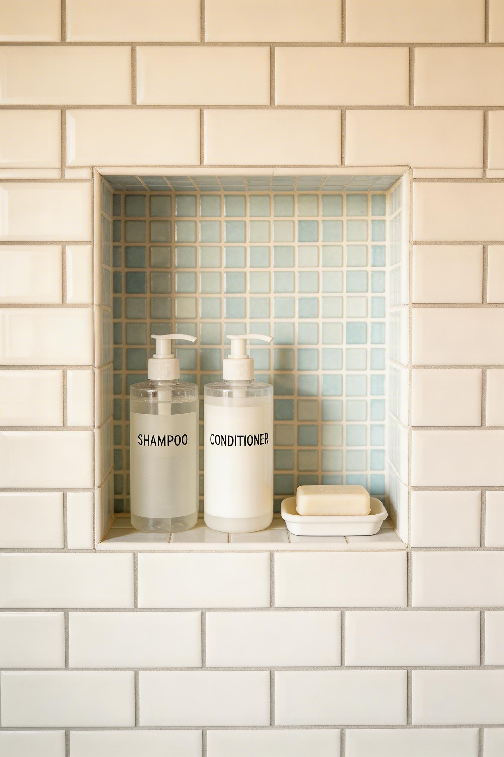A built-in shower niche eliminates the need for a separate shelf or caddy and keeps bathroom walls cleaner and less cluttered.