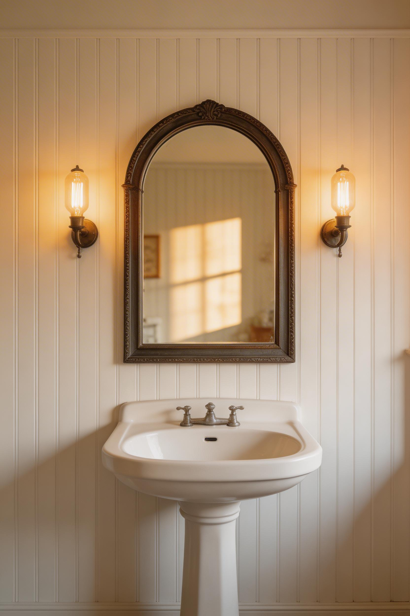 An arched vintage mirror placed opposite a window bounces light around the room and softens the boxy feel of a standard small bathroom layout.