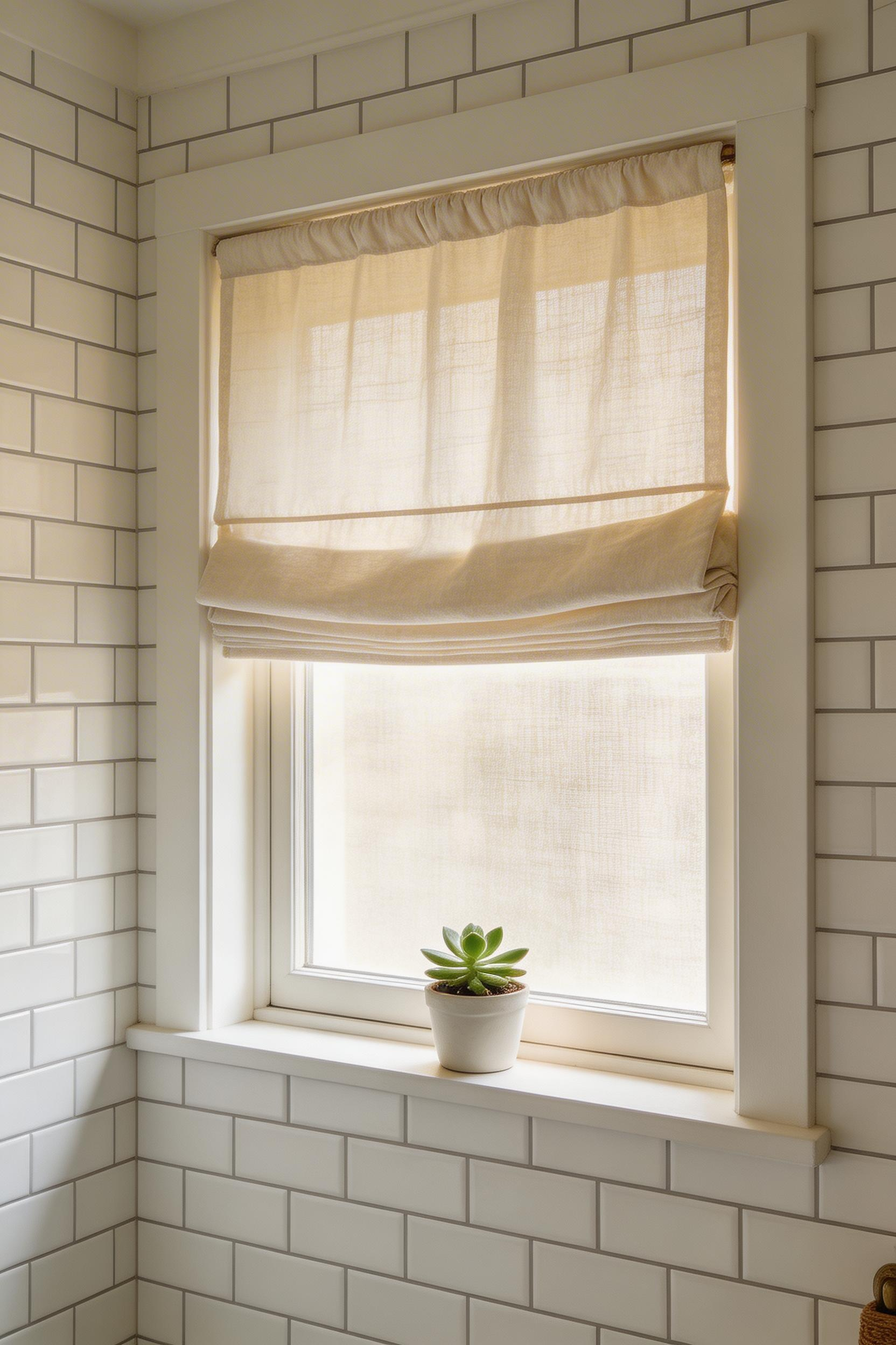 A linen roman shade filters soft natural light into a small bathroom while keeping the window feeling open and uncluttered.