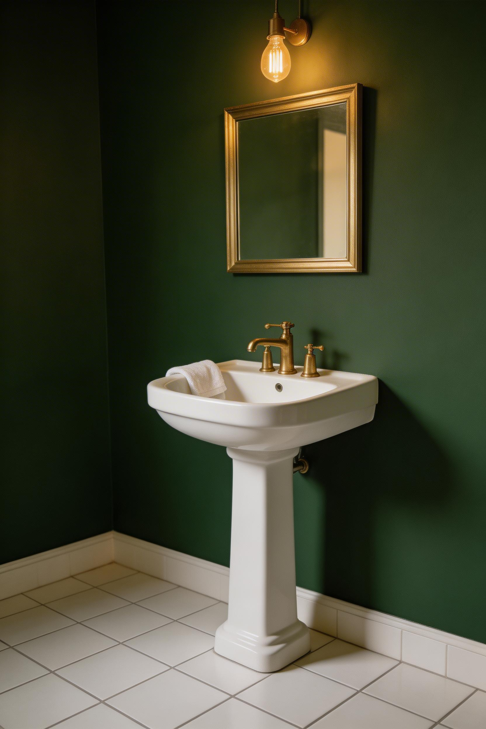 Deep forest green walls paired with white fixtures and brass hardware create a cozy, intimate small bathroom that feels intentional rather than accidental.
