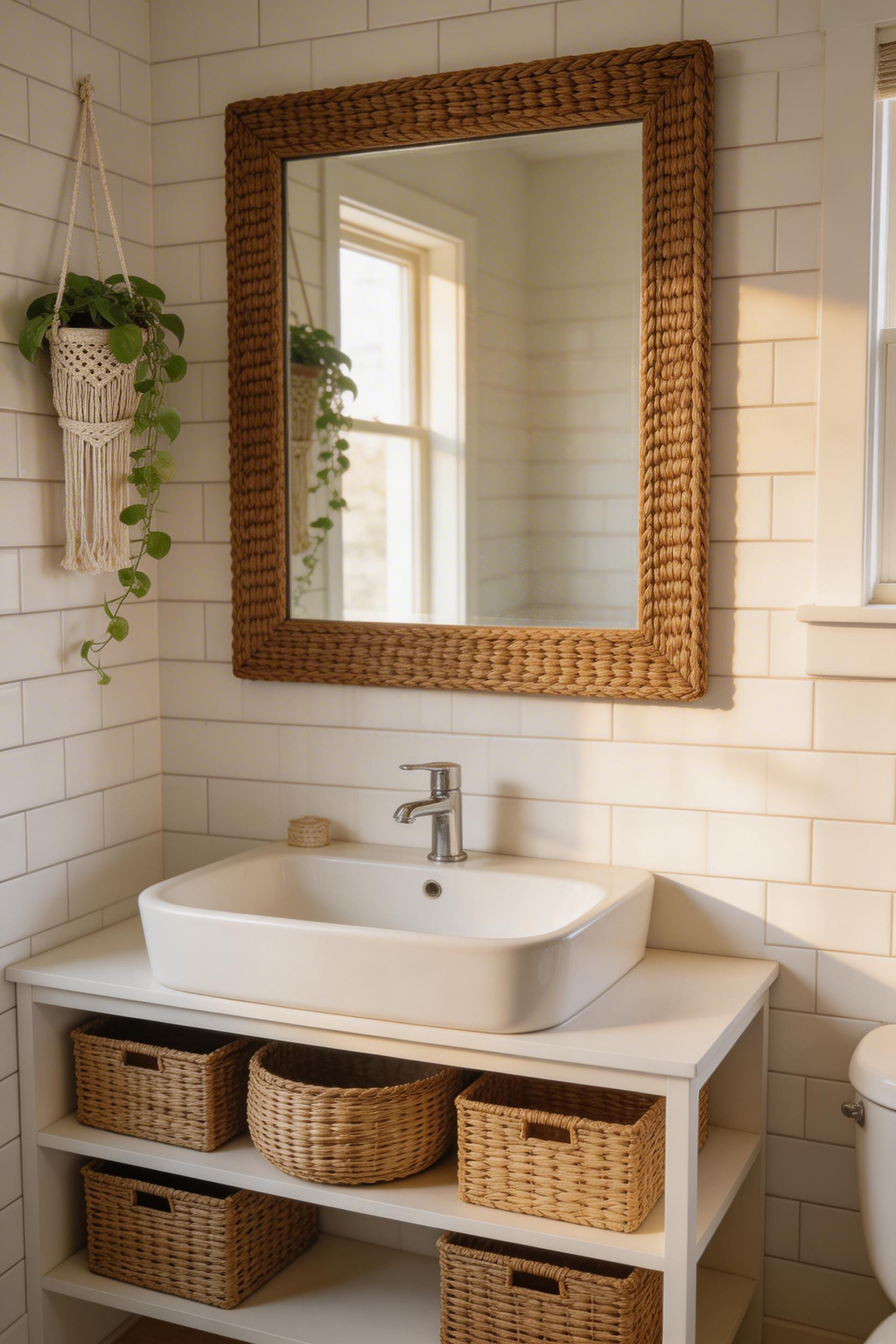 A rattan-framed mirror and wicker baskets introduce natural texture and warmth into a tiled bathroom, softening the hard surfaces and giving the room a collected, personal feel.