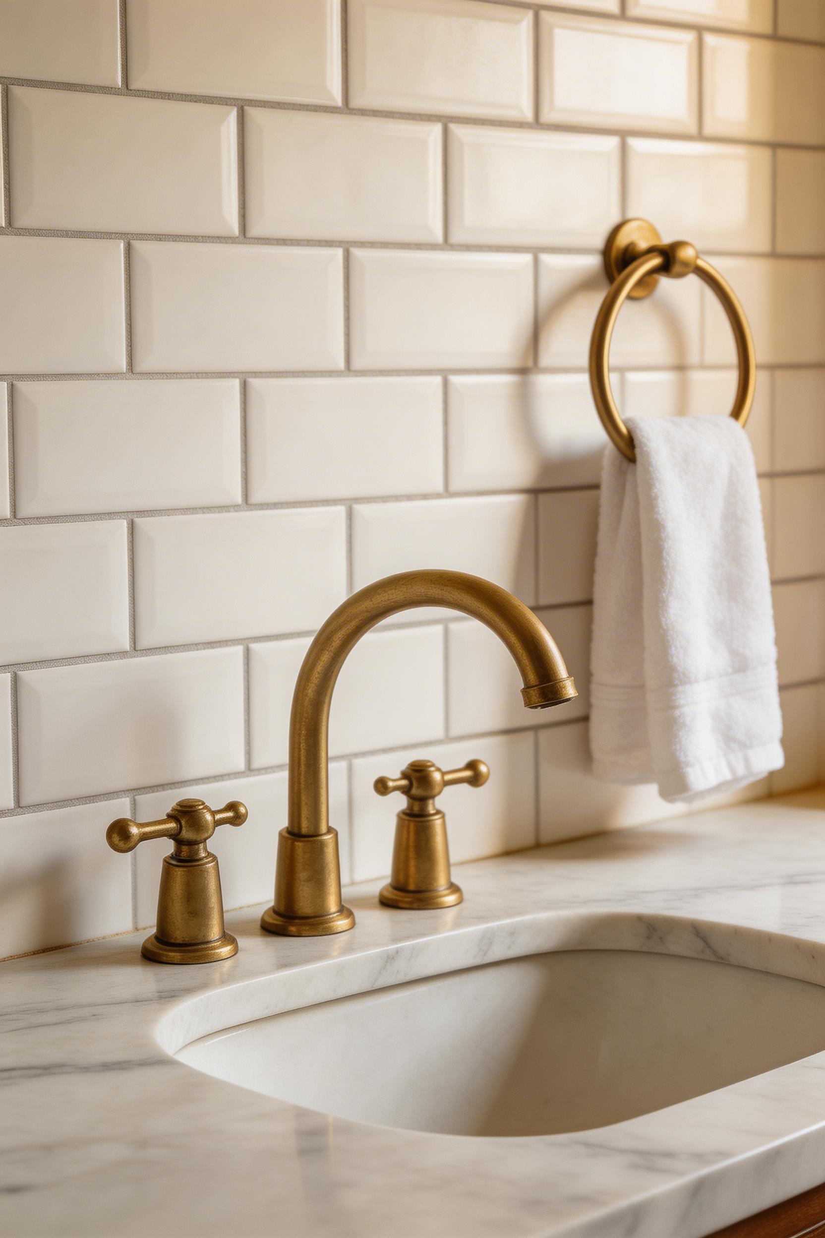 Unlacquered brass hardware develops a warm patina over time, giving a small bathroom a sense of history and handmade quality that polished chrome never quite achieves.