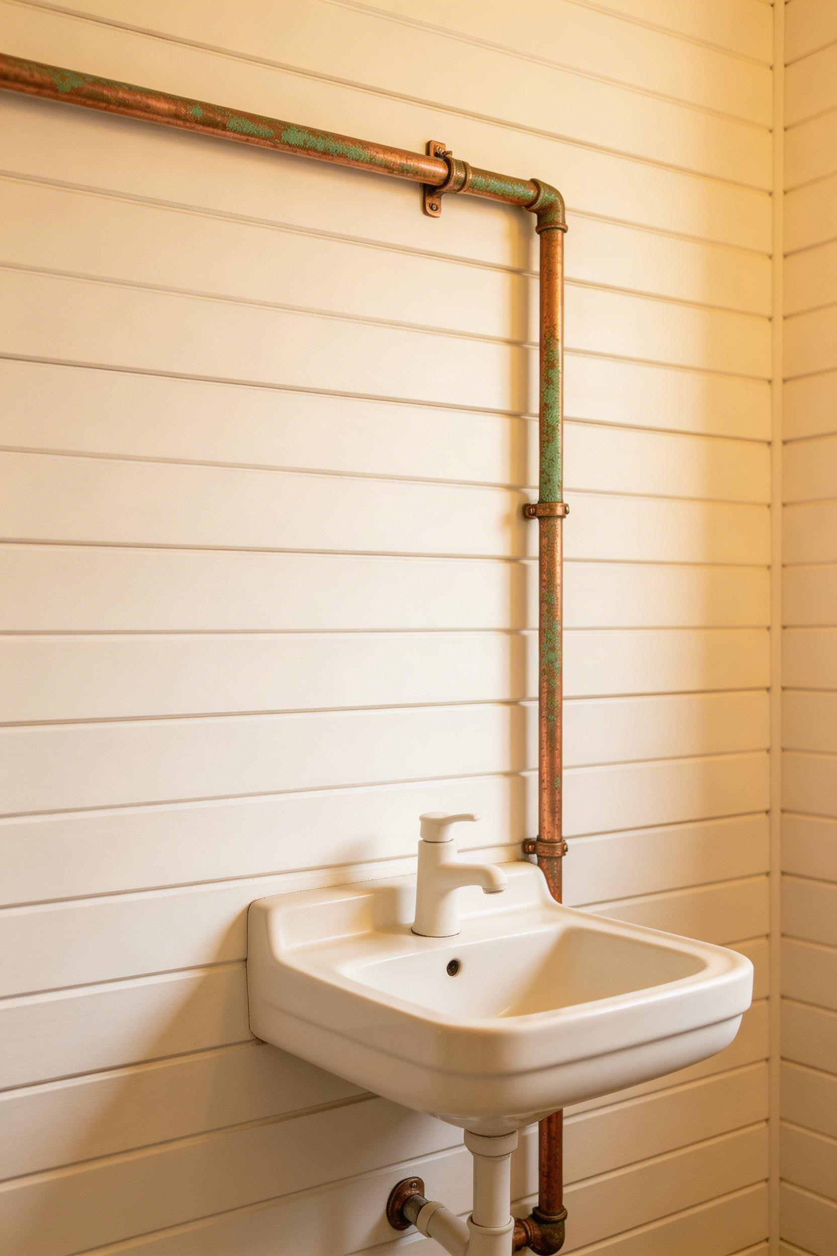 Exposed copper pipes treated as a deliberate design feature add an industrial-cottage character to a small bathroom that would otherwise read as unfinished.