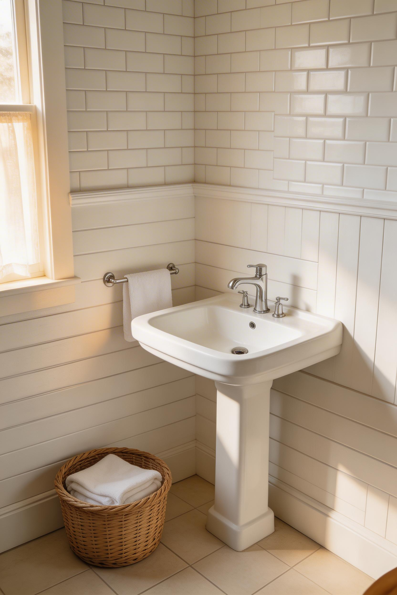 Shiplap walls painted in soft white make a small bathroom feel wider, while the natural texture adds the kind of warmth that plain drywall never quite manages.