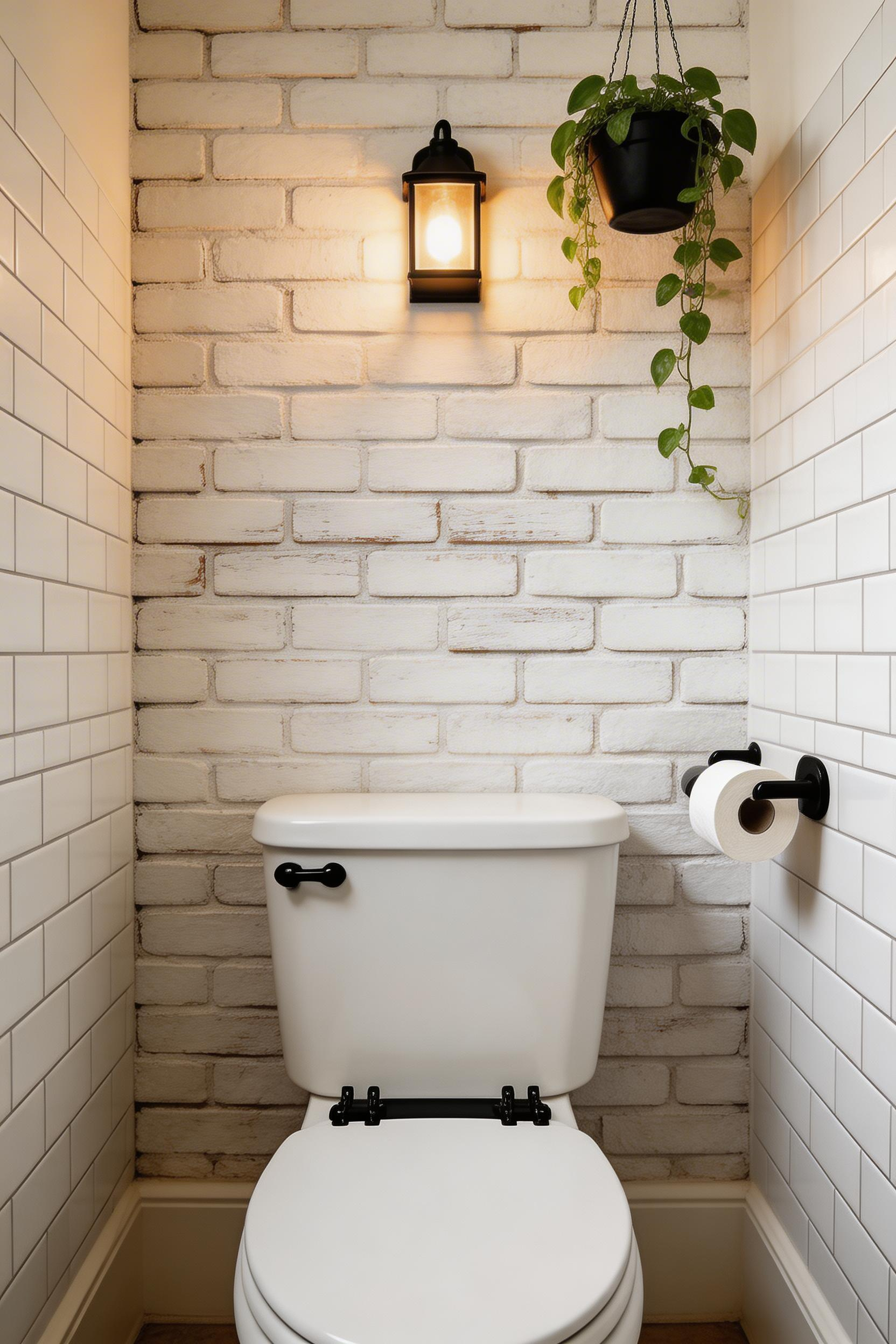 A whitewashed brick accent wall behind the toilet adds rustic farmhouse character to a small bathroom without dominating the space.