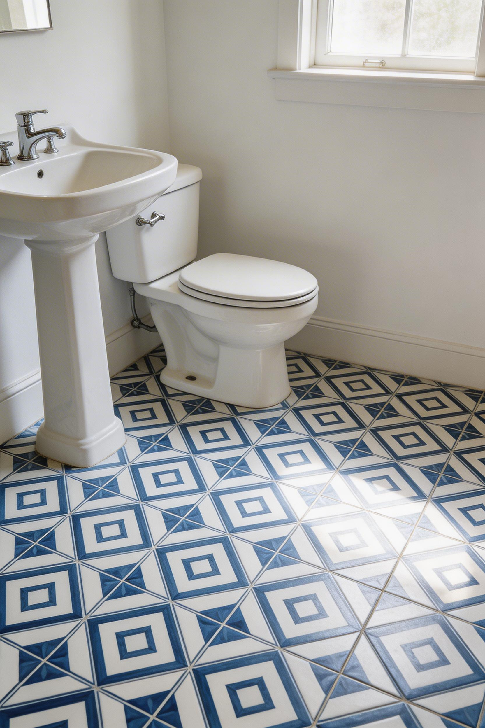Encaustic cement floor tiles in a geometric pattern give a small bathroom a strong design identity without requiring any wall changes.