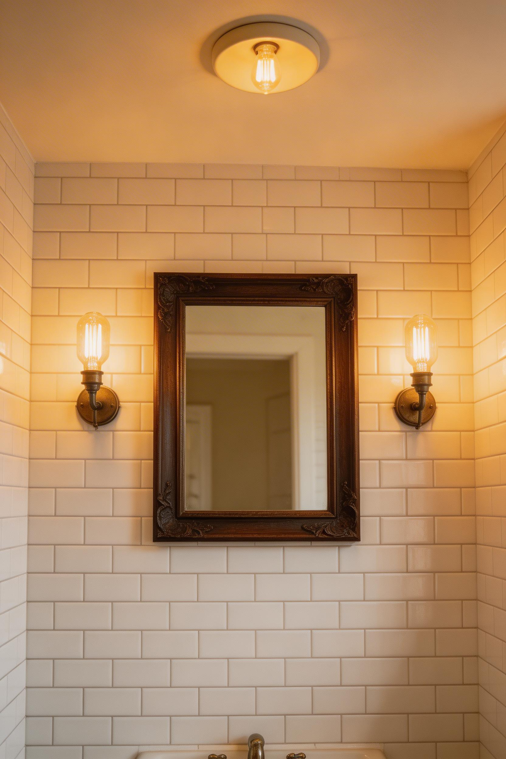 Two wall sconces flanking the mirror, combined with a soft ambient ceiling light, give a small bathroom the warm, layered glow that makes it feel like a retreat.