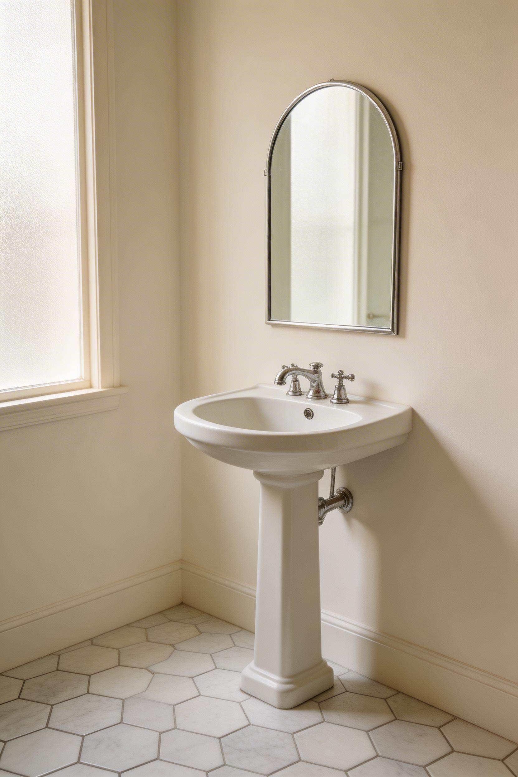 A classic white pedestal sink removes the visual mass of a full vanity cabinet and lets the floor read as one continuous surface.
