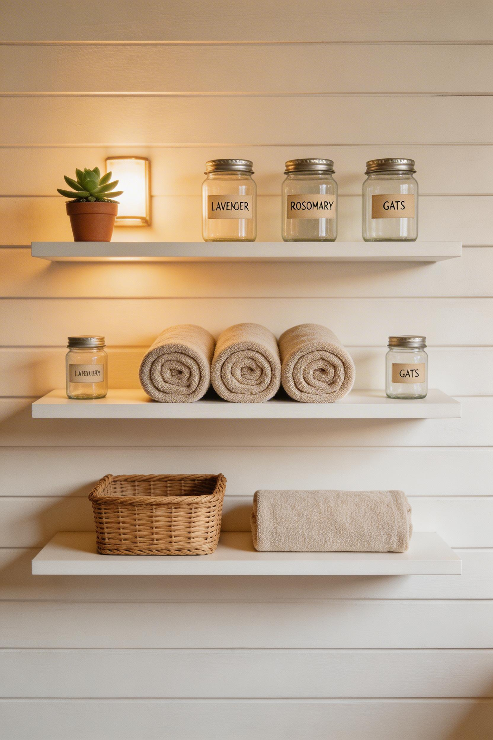 Open shelves styled like a cottage general store — apothecary jars, rolled towels, baskets — give a small bathroom personality while keeping the walls feeling light and open.