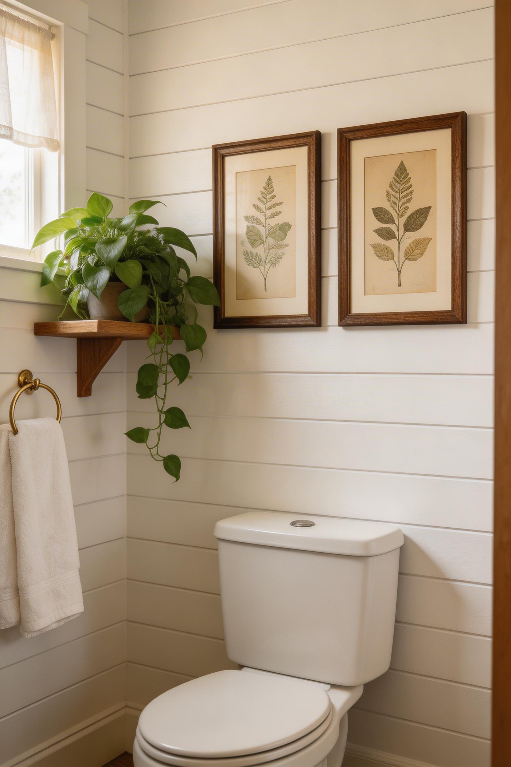 A large-leafed pothos in the corner and framed botanical prints above the toilet bring the outdoors into a small bathroom and give the room a sense of life and freshness.