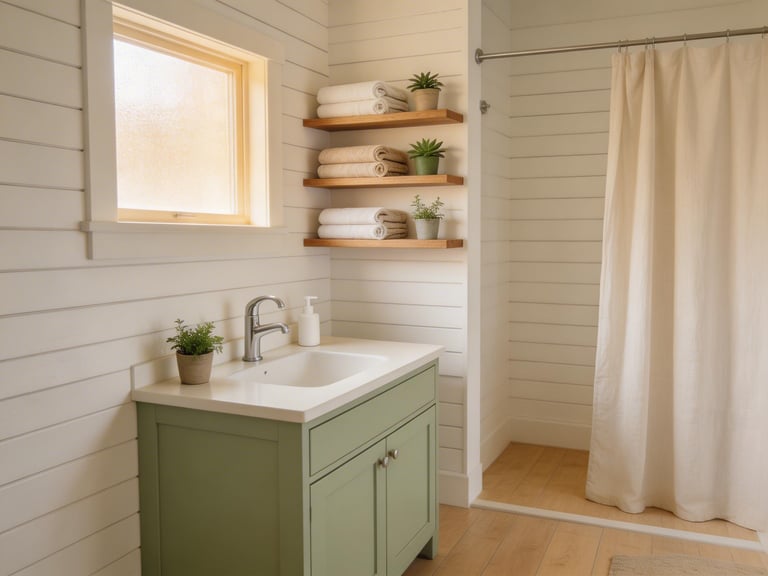 A budget-friendly cottage bathroom with a repainted sage vanity, open shelving, and layered textiles — every element in this space cost under $100, proving that bathroom ideas on a budget can feel genuinely designed rather than improvised.