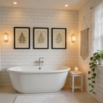 A beautifully styled bathroom featuring botanical prints, macrame wall art, and natural textures as bathroom art ideas.