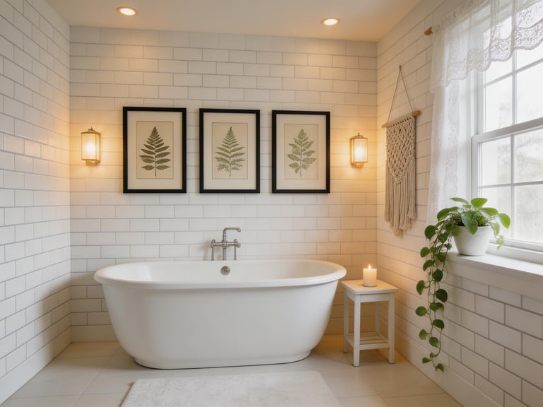 A beautifully styled bathroom featuring botanical prints, macrame wall art, and natural textures as bathroom art ideas.