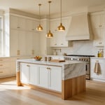 A high-end kitchen that pulls together the best luxurious kitchen design elements — custom inset cabinetry, waterfall marble countertops, a statement plaster hood, and wide-plank wood floors — into a space that feels refined and inviting.