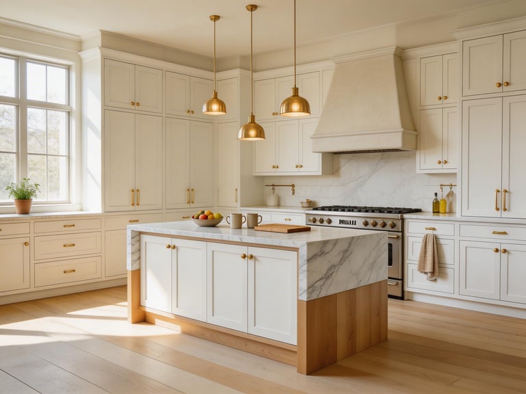 A high-end kitchen that pulls together the best luxurious kitchen design elements — custom inset cabinetry, waterfall marble countertops, a statement plaster hood, and wide-plank wood floors — into a space that feels refined and inviting.