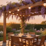 A cedar patio pergola draped in wisteria and lit with warm globe string lights at golden hour — the ultimate backyard transformation for outdoor living.