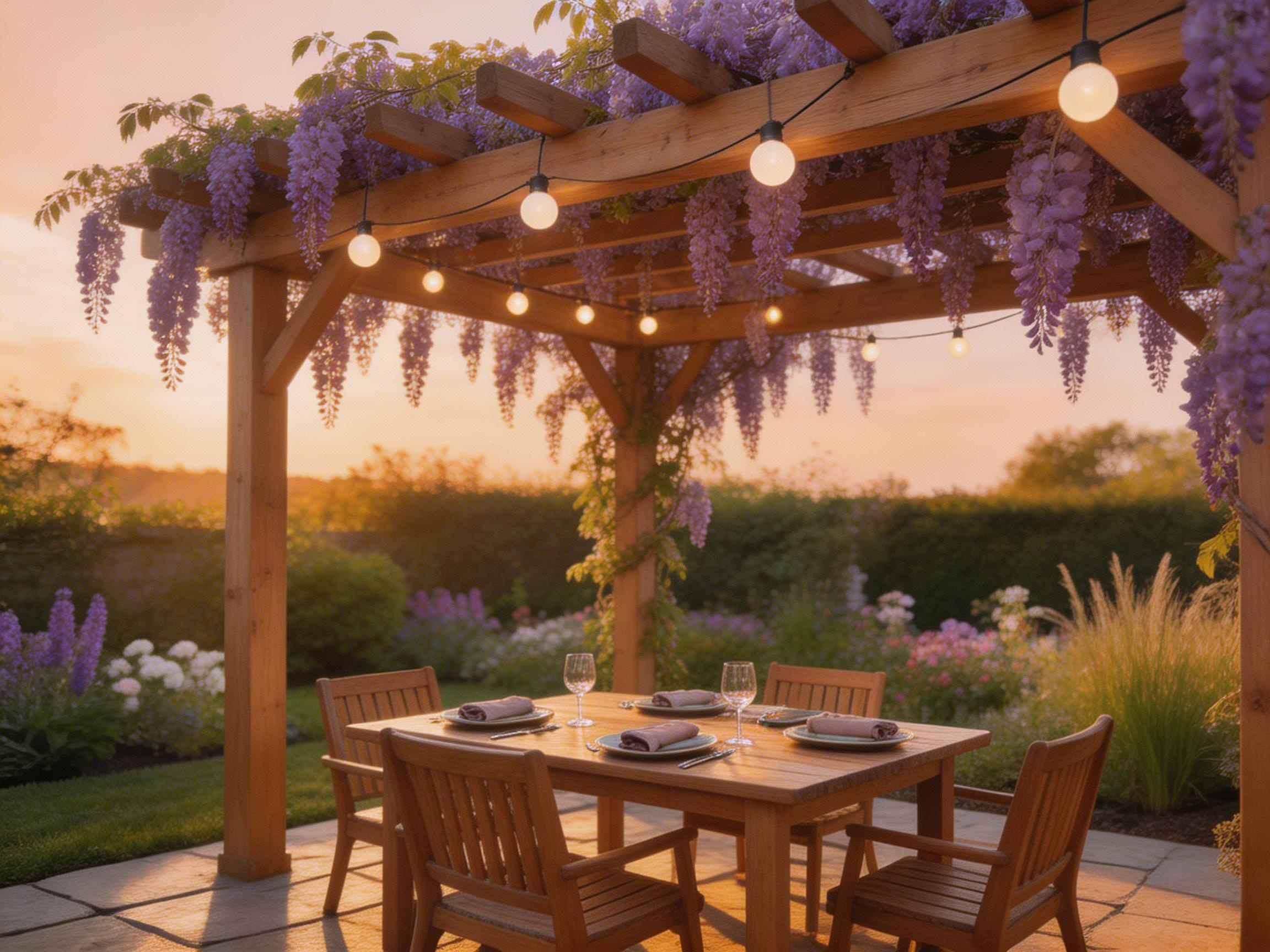 A cedar patio pergola draped in wisteria and lit with warm globe string lights at golden hour — the ultimate backyard transformation for outdoor living.