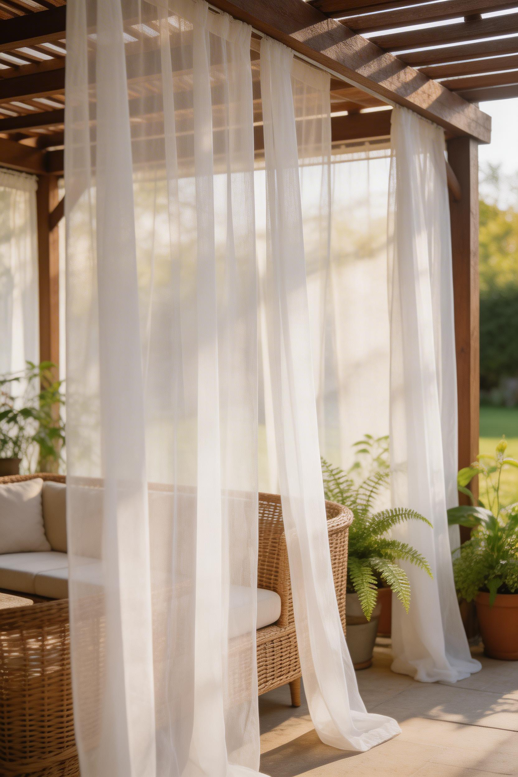 Lightweight white curtain panels create a sense of enclosure on a pergola while still allowing airflow and natural light through.