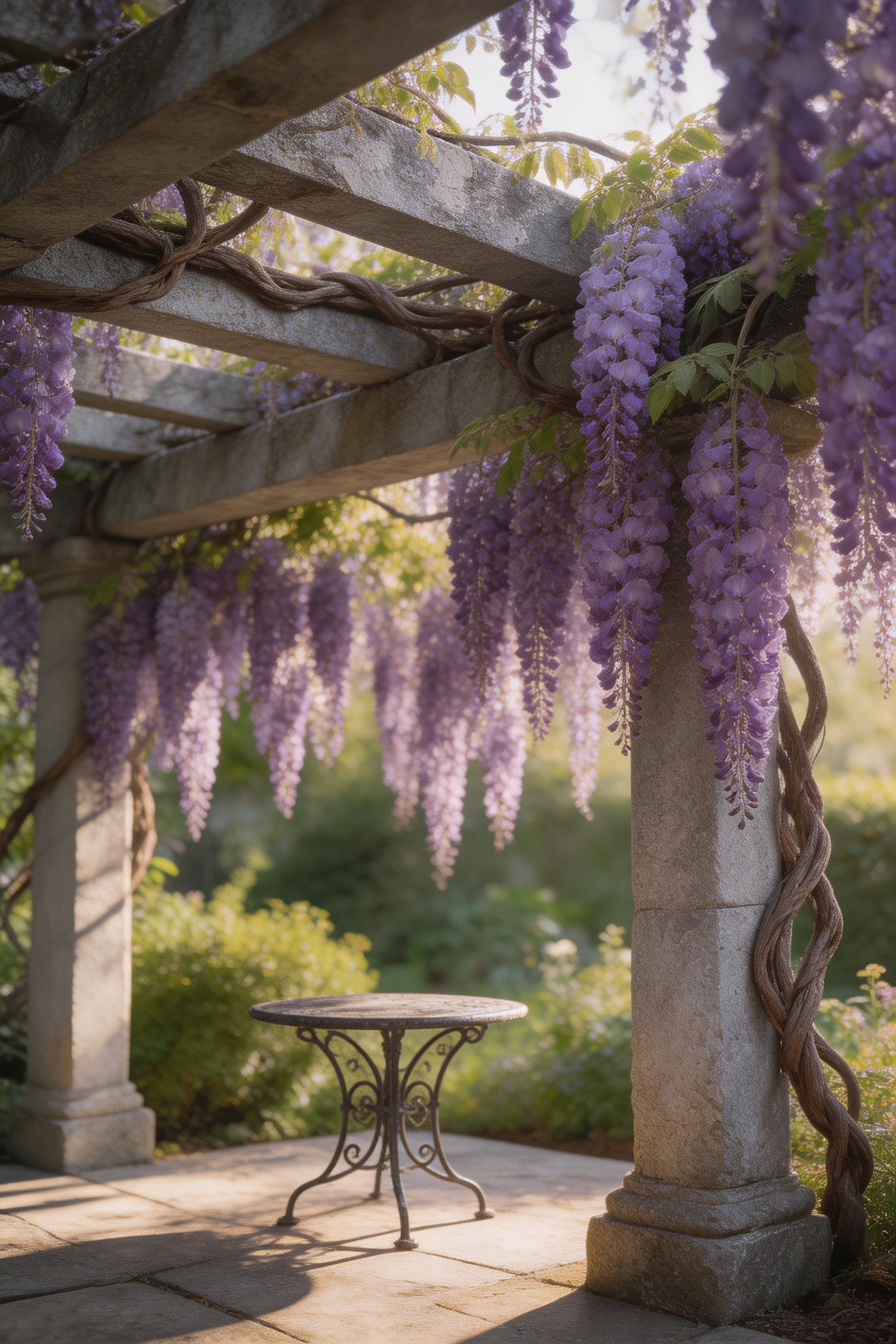 A wisteria-draped stone pergola in full bloom — one of the most dramatic living canopy options for a mature outdoor structure.