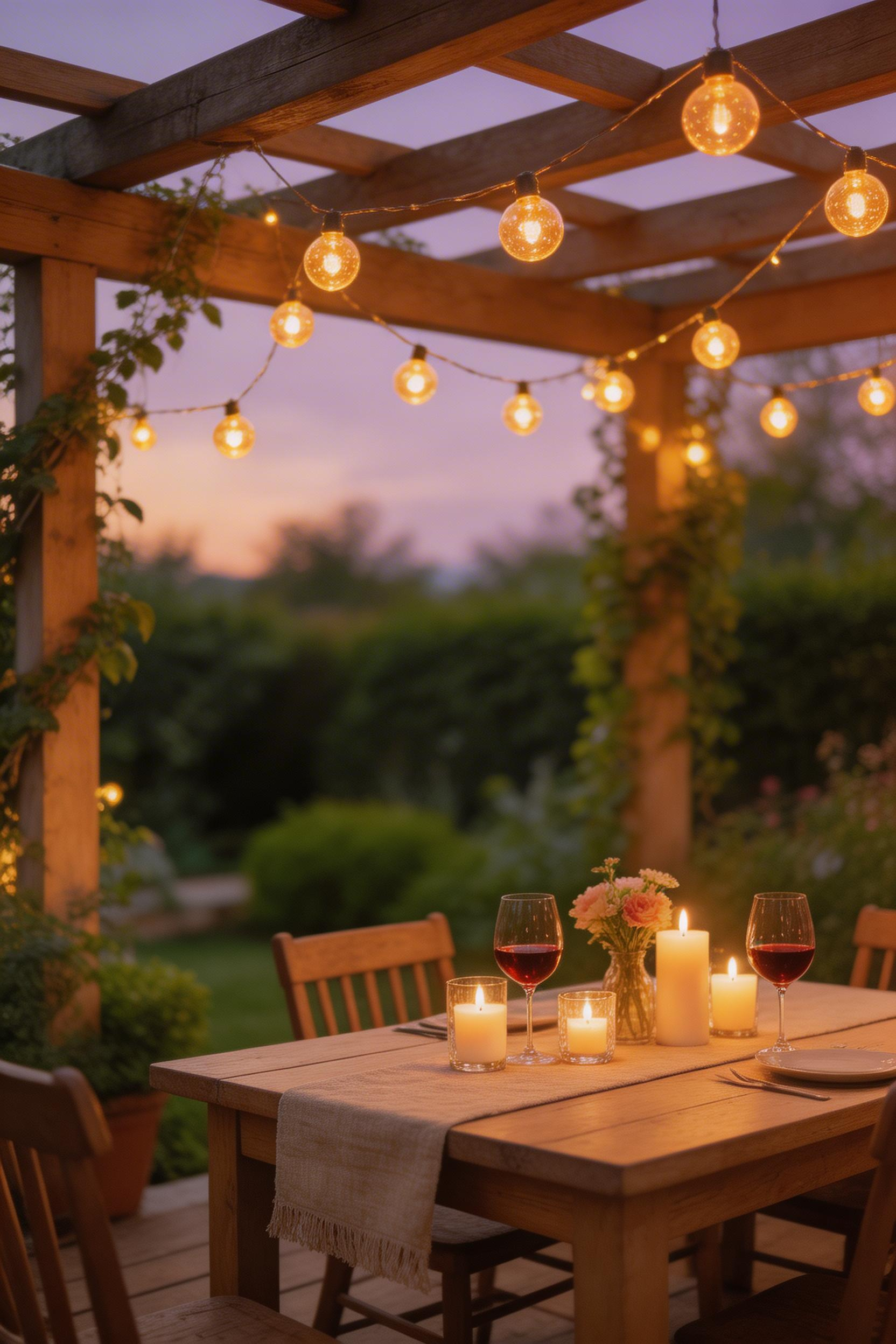 Warm amber globe string lights in a criss-cross pattern create an intimate evening atmosphere under a backyard pergola.