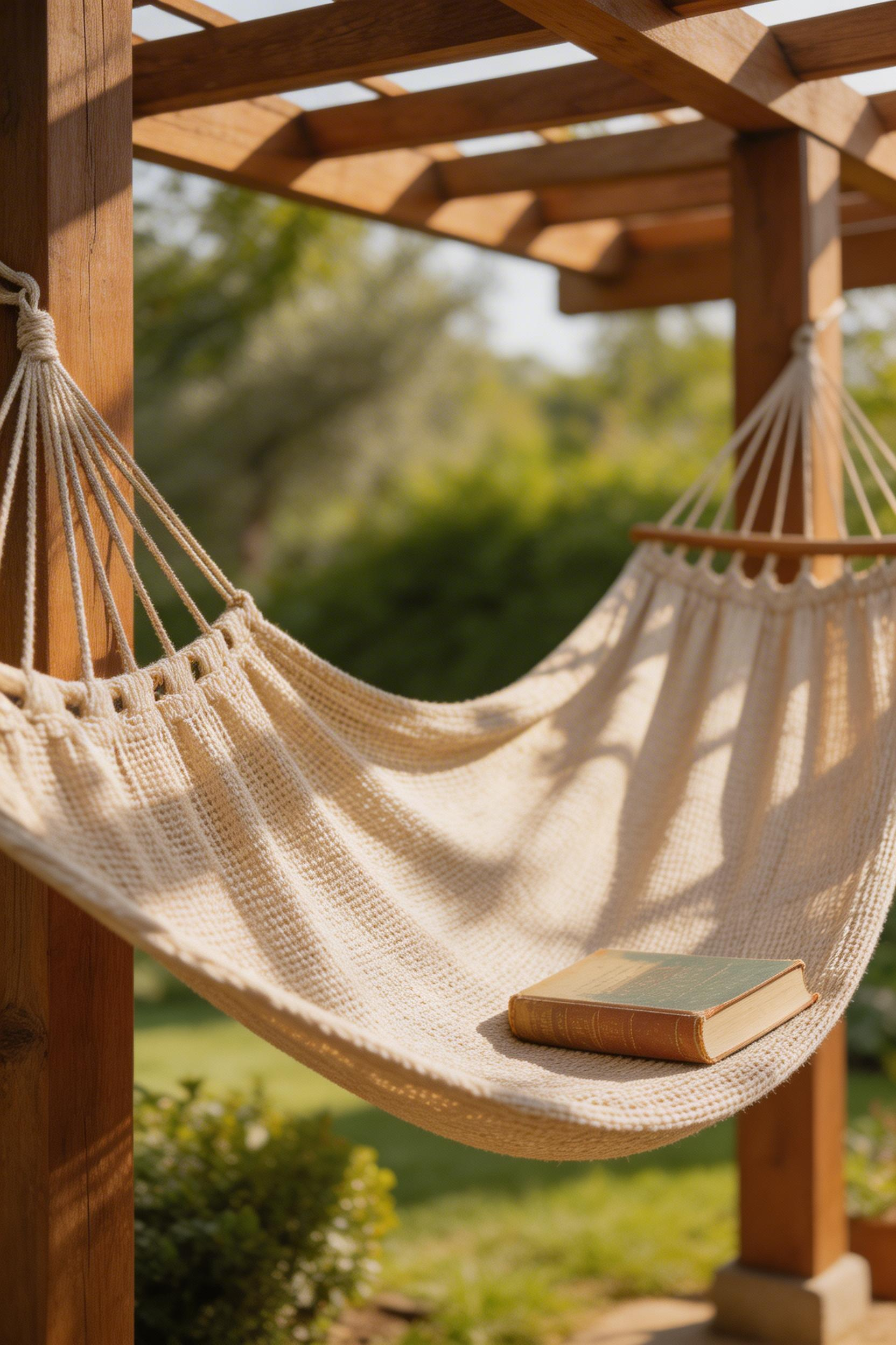 A Mayan hammock slung between pergola posts creates a perfectly relaxed spot surrounded by garden greenery and dappled pergola light.