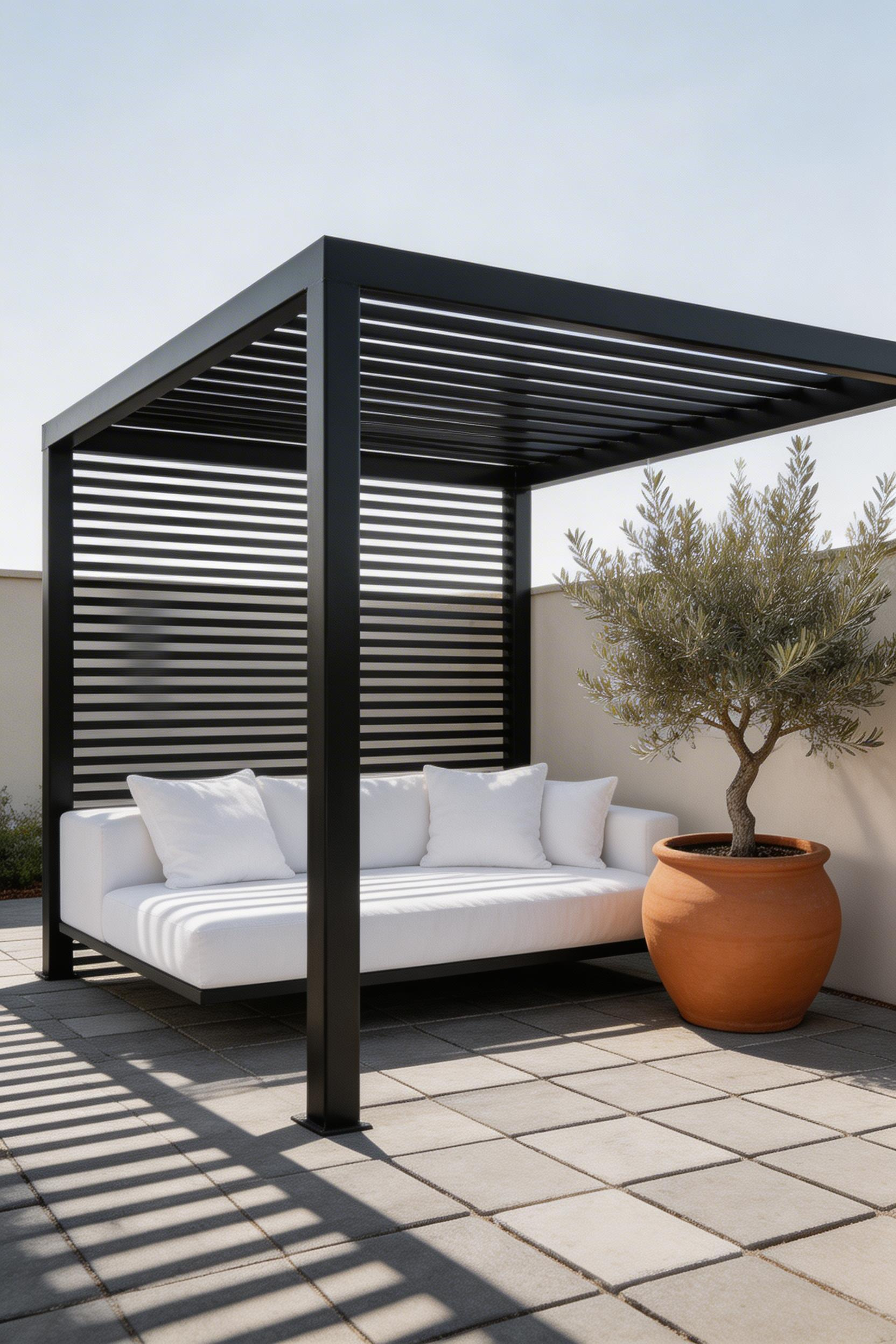 A modern black steel patio pergola with a slatted adjustable roof creates a graphic, architectural statement over a minimal outdoor living space.