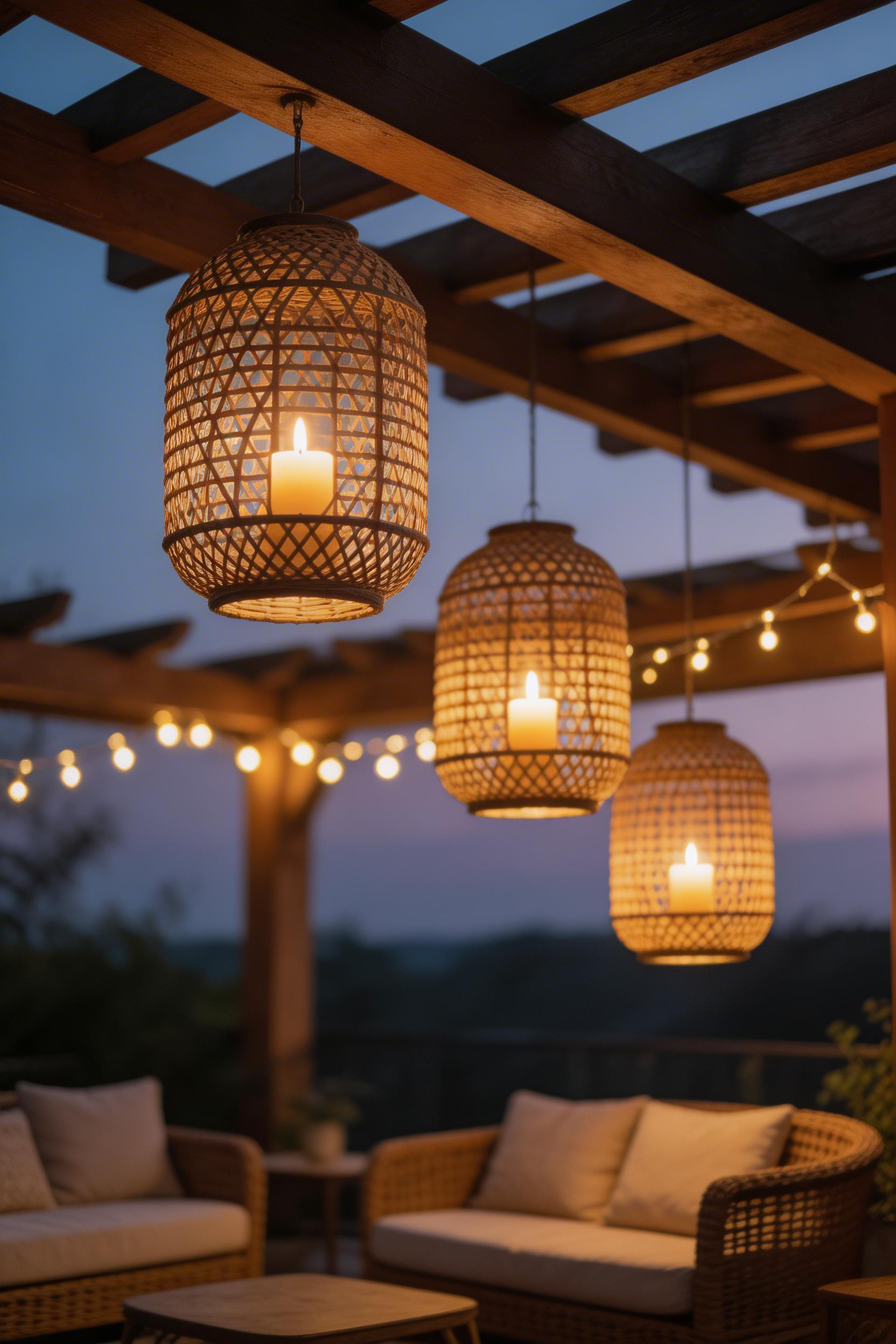 Hanging rattan lanterns clustered at varying heights add warm, layered lighting to a pergola seating area at dusk.