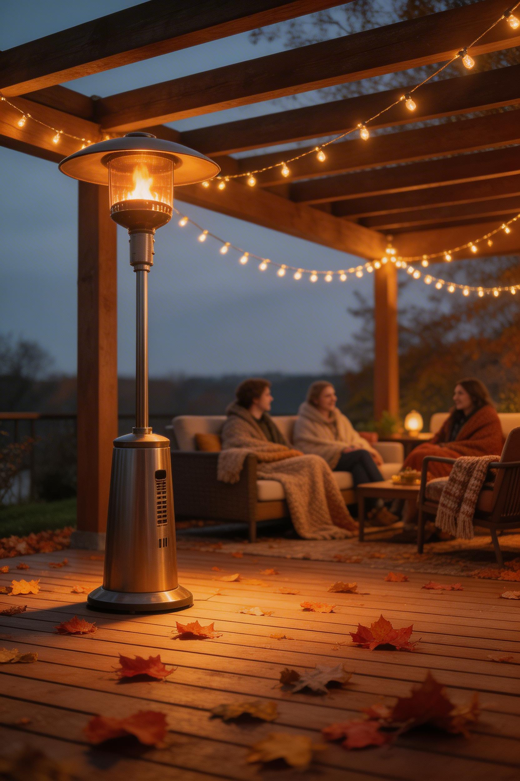 A propane patio heater extends the usability of a pergola through autumn evenings, making outdoor entertaining possible well beyond summer.