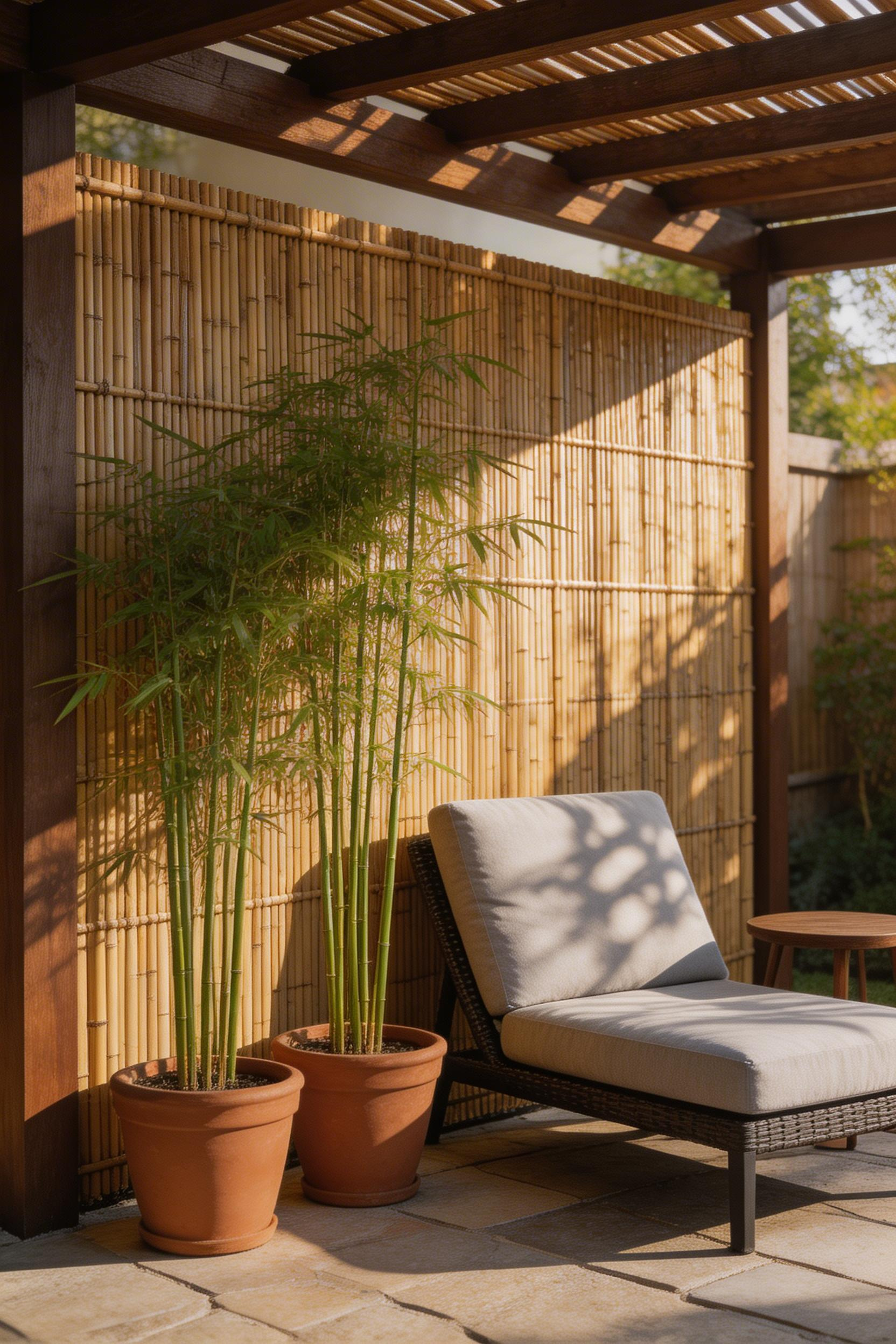 Bamboo reed privacy screens attached to pergola posts create an intimate, secluded feel without blocking light or requiring permanent construction.