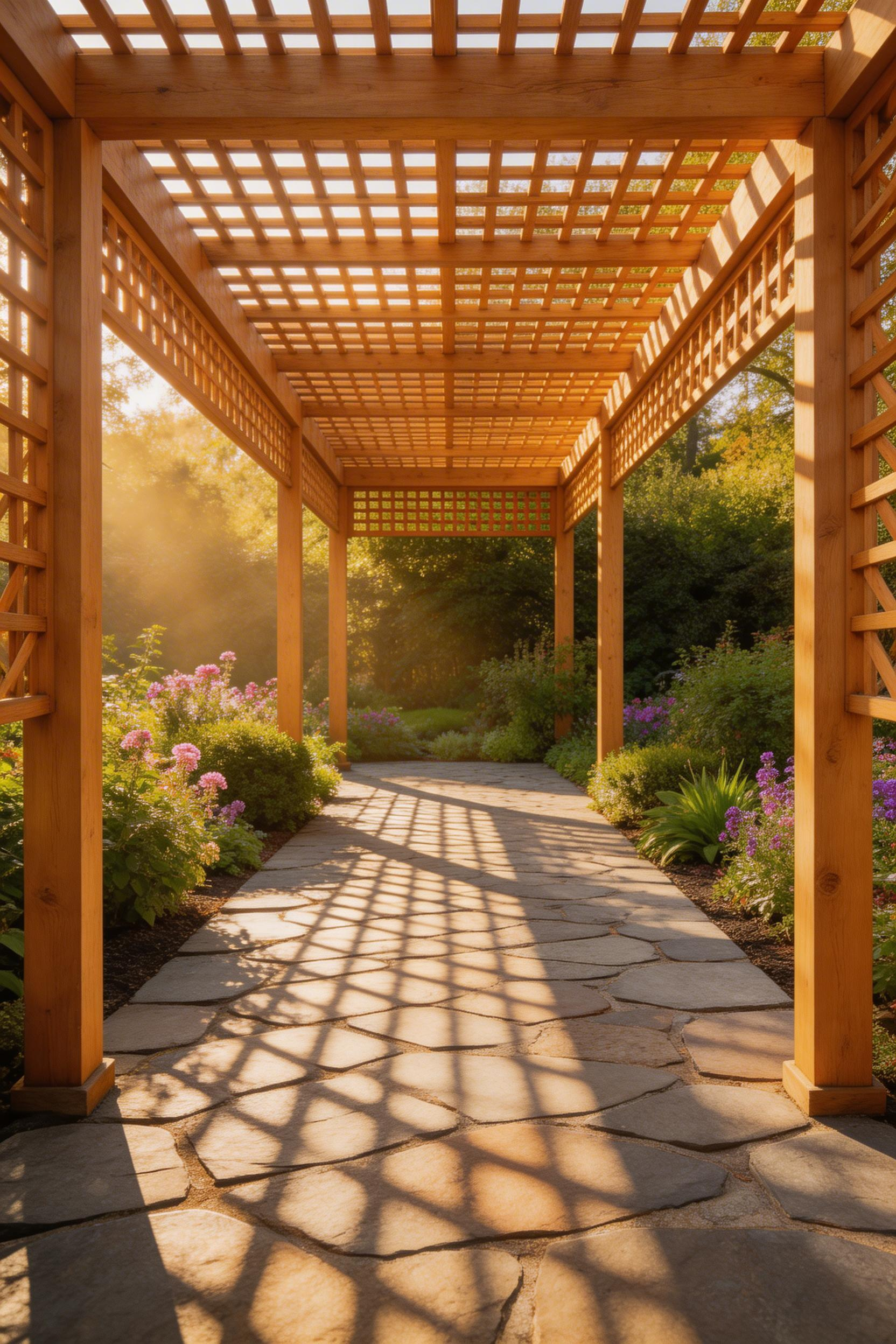 A classic cedar patio pergola with an open lattice roof creates beautiful dappled shade while maintaining the natural warmth of honey-toned wood.